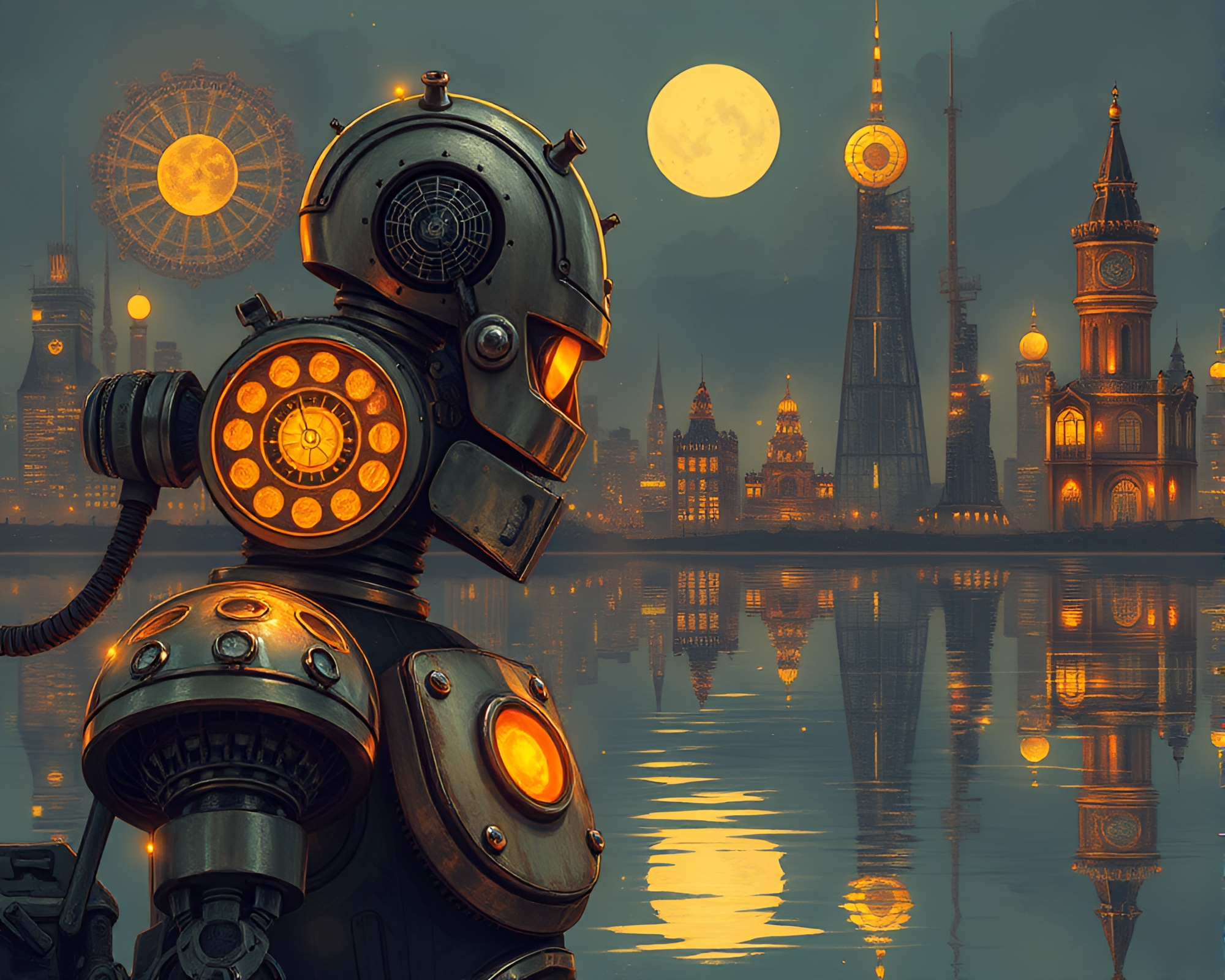 Steampunk Robot Reflecting in Savannah Sunset – free AI stock image