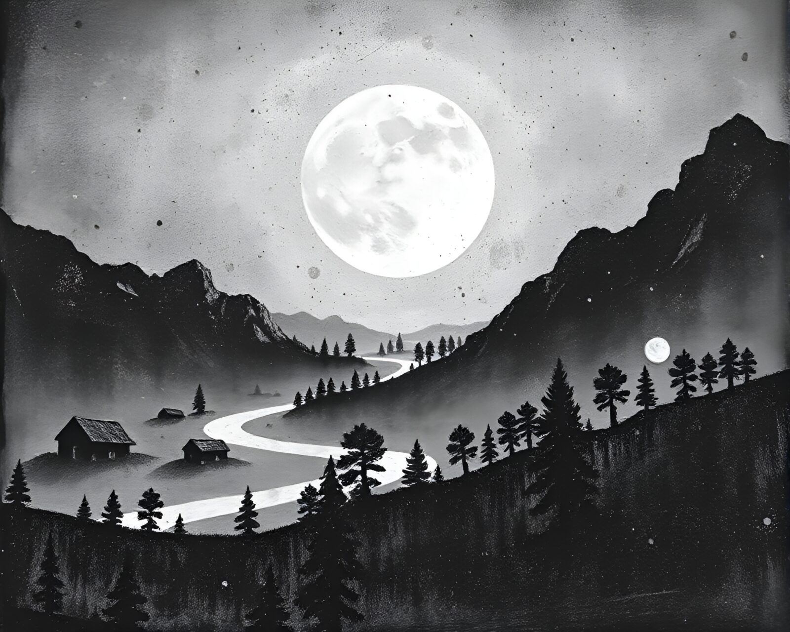 Monochromatic moonlit landscape with acrylic splatters in etched style