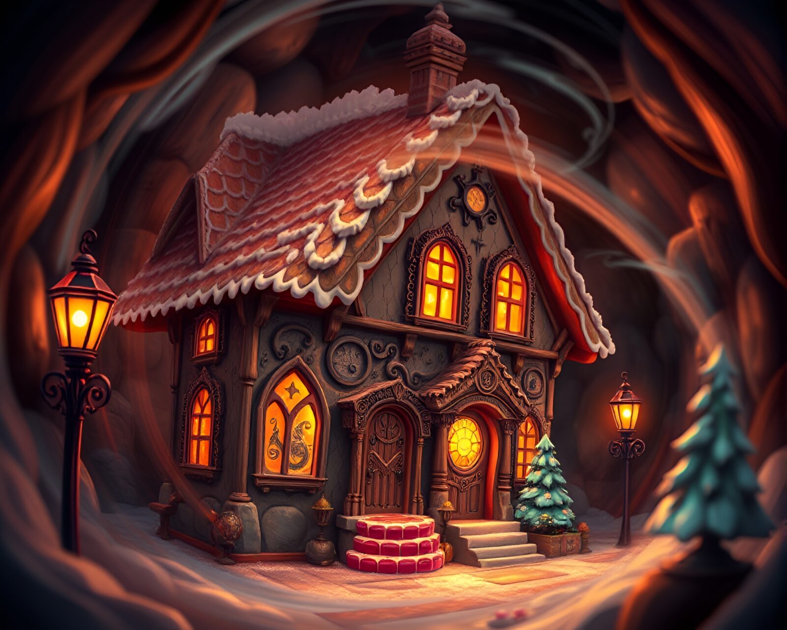 Illustrated steampunk gingerbread house in dungeon torchlight