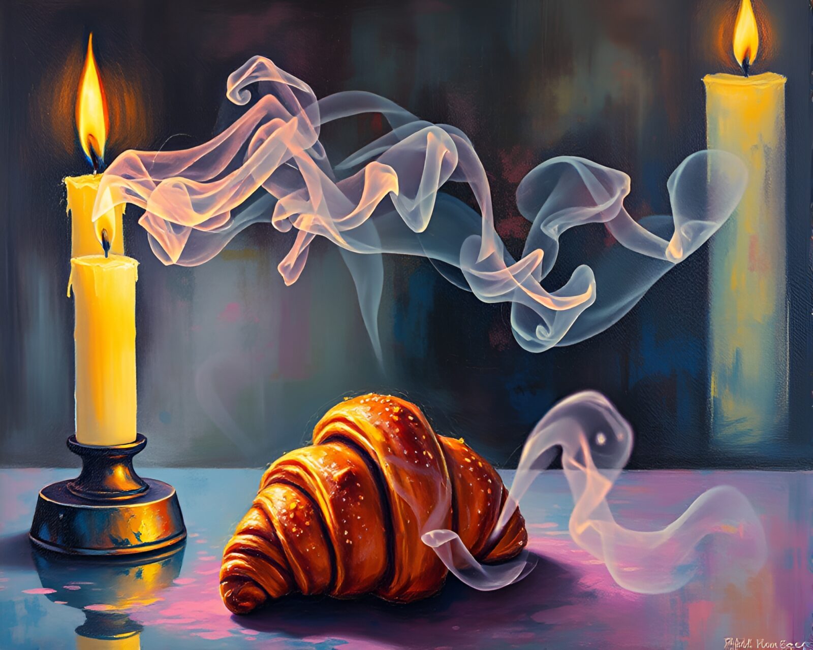 Abstract encaustic painting featuring croissant with surreal colors and candle smoke