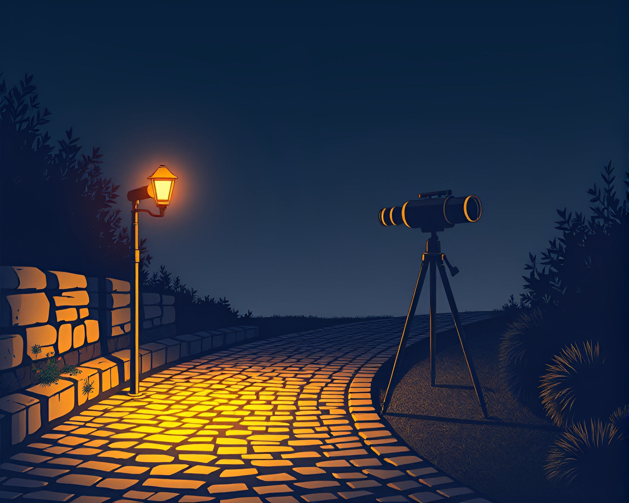 Silhouette Illustration of Brass Telescope on Neon Cobblestone Path – free AI stock image