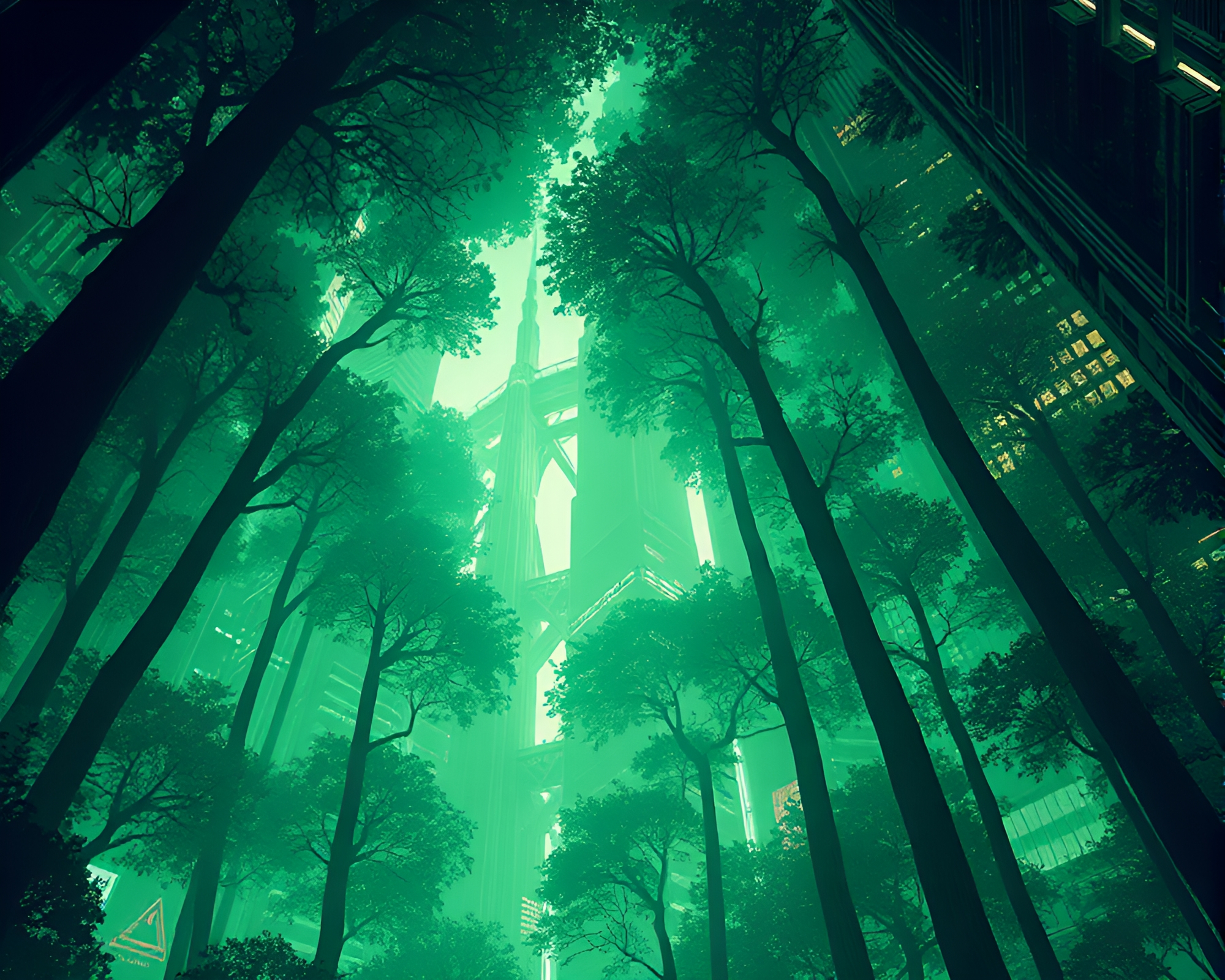Futuristic Forest Cityscape with Digital Glitch Effect – free AI stock image