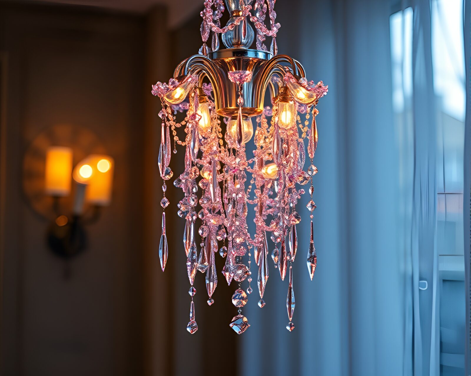 Elegant crystal chandelier surrounded by colorful paint drips