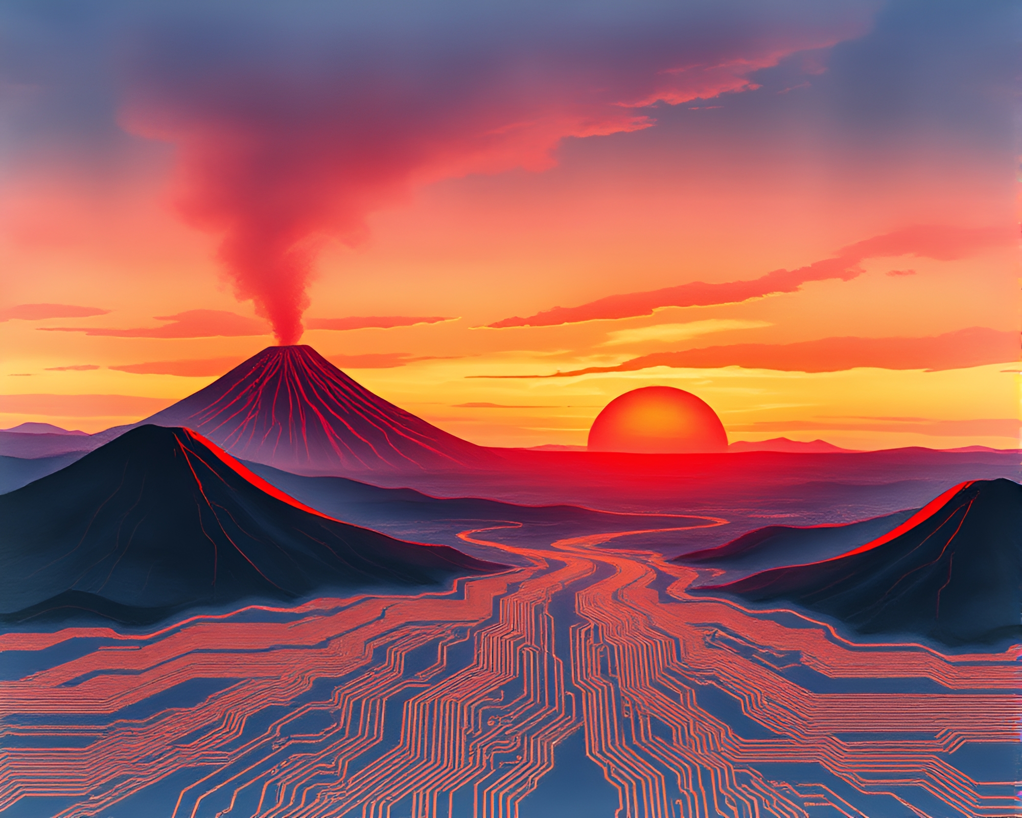 Vaporwave Sunset over Circuit Board Wildlife Watercolor – free AI stock image