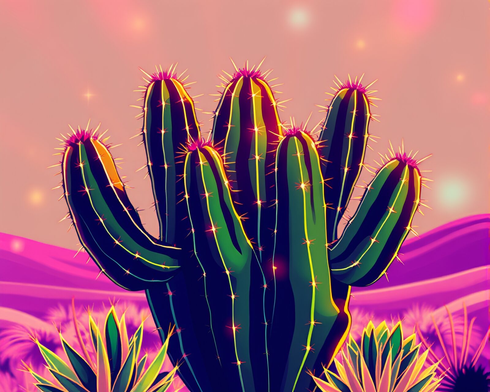 Abstract line art of cacti in a pixelated desert.