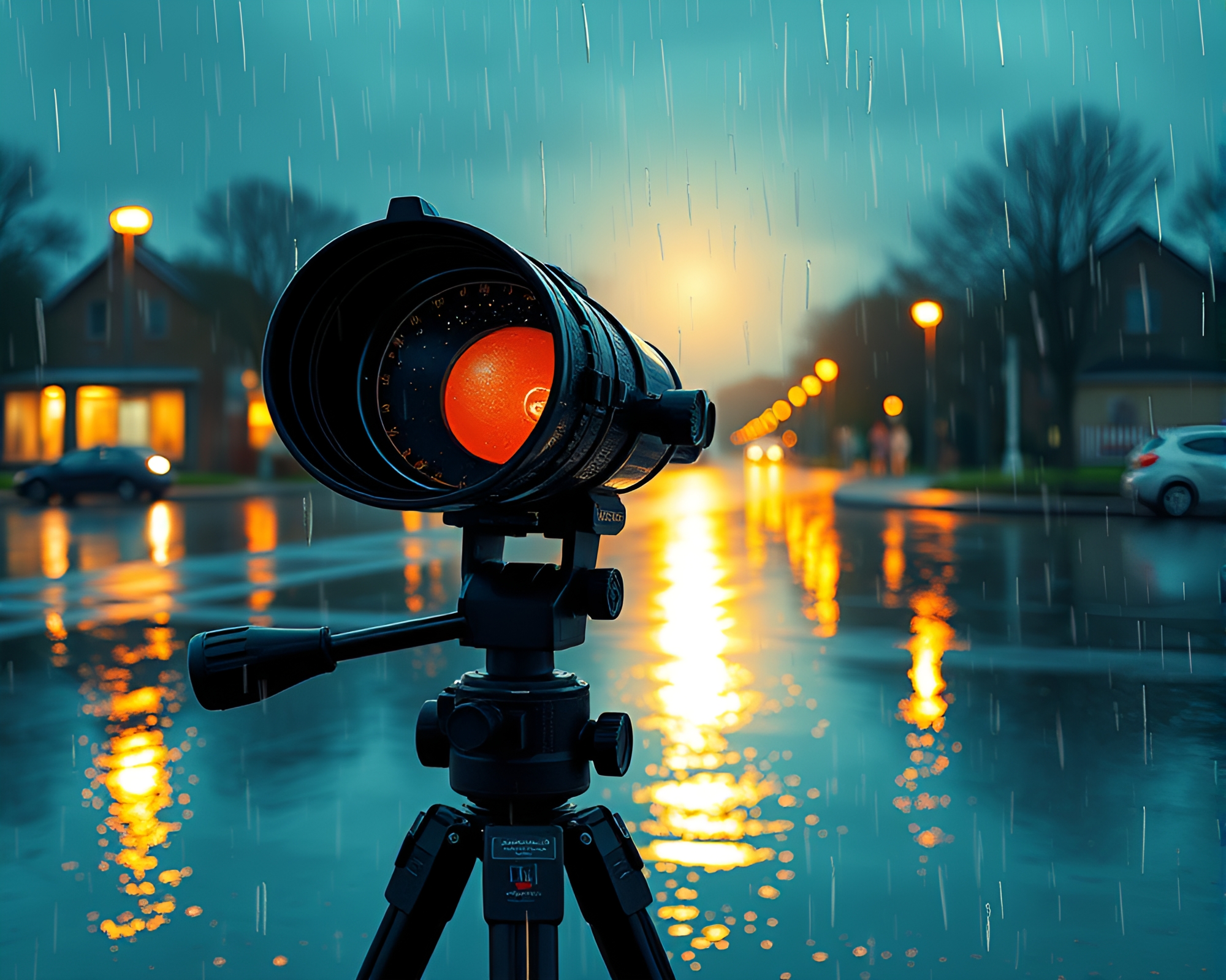 Rainy Reflections: Telescope Vision in Cel-Shaded Environment – free AI stock image
