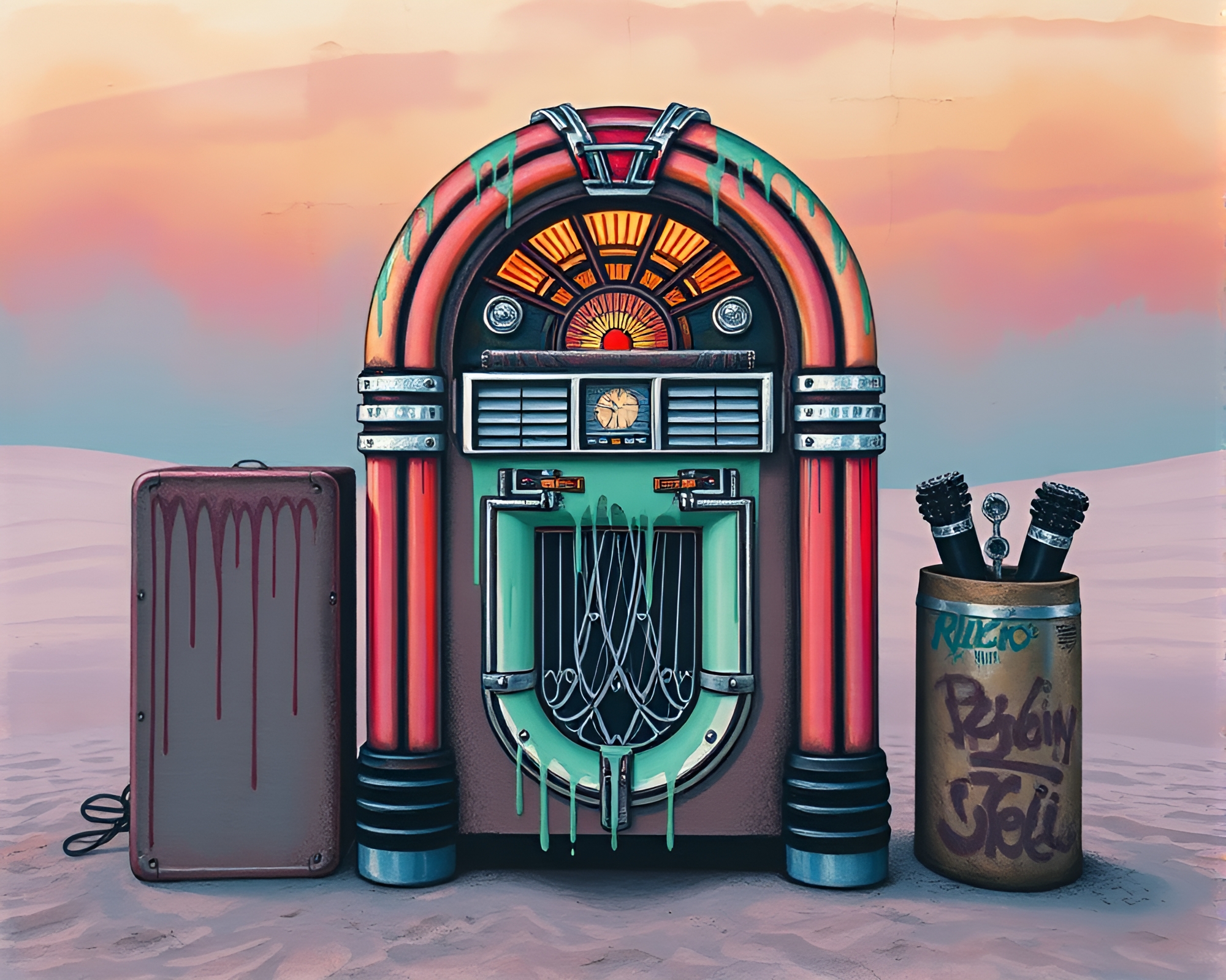 Retro Jukebox Graffiti Drips in Desert Sands – free AI stock image