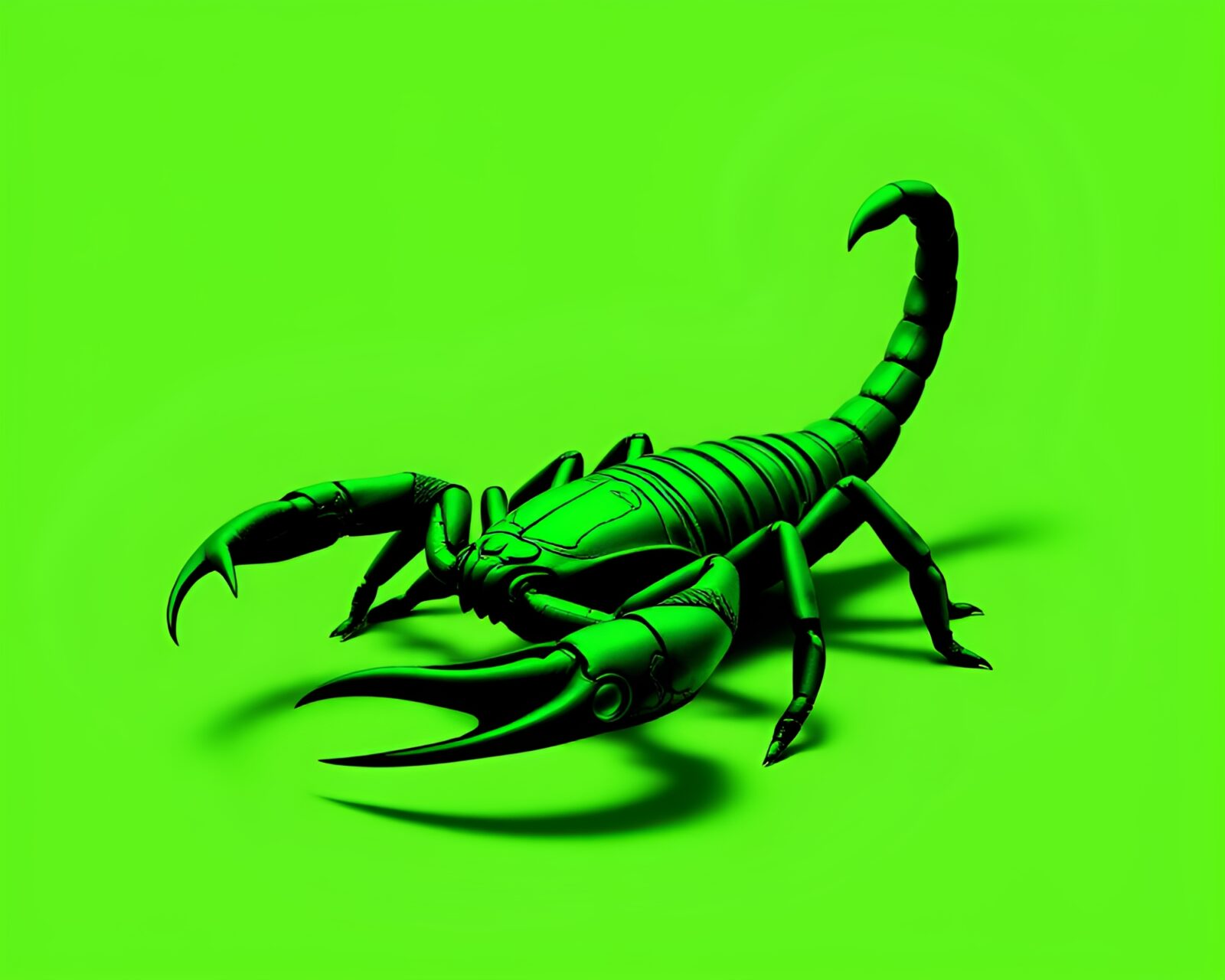 Wide-angle view of a menacing scorpion in monochrome green vector art