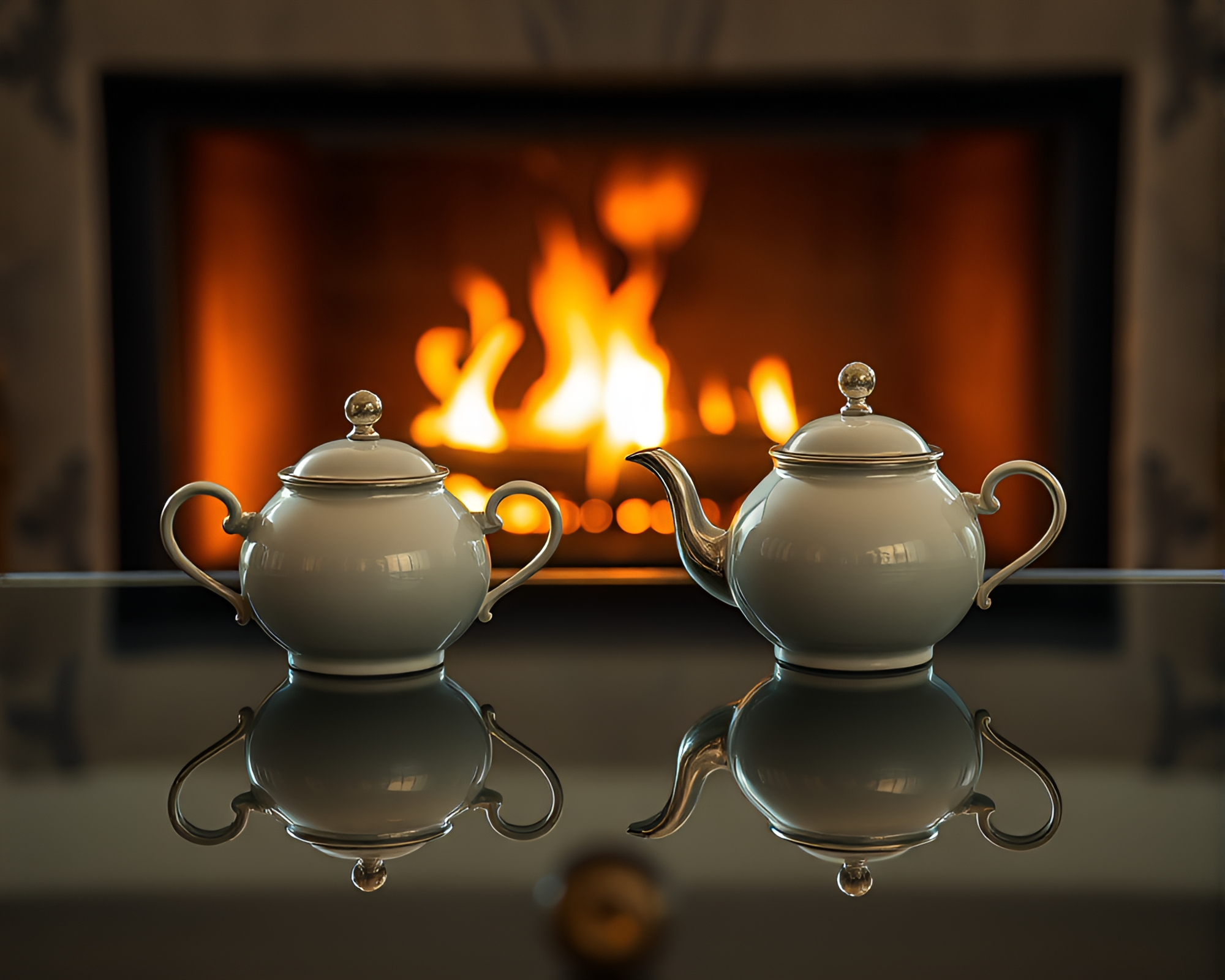 Enchanting Tea Set Double Reflection by Fireplace – free AI stock image