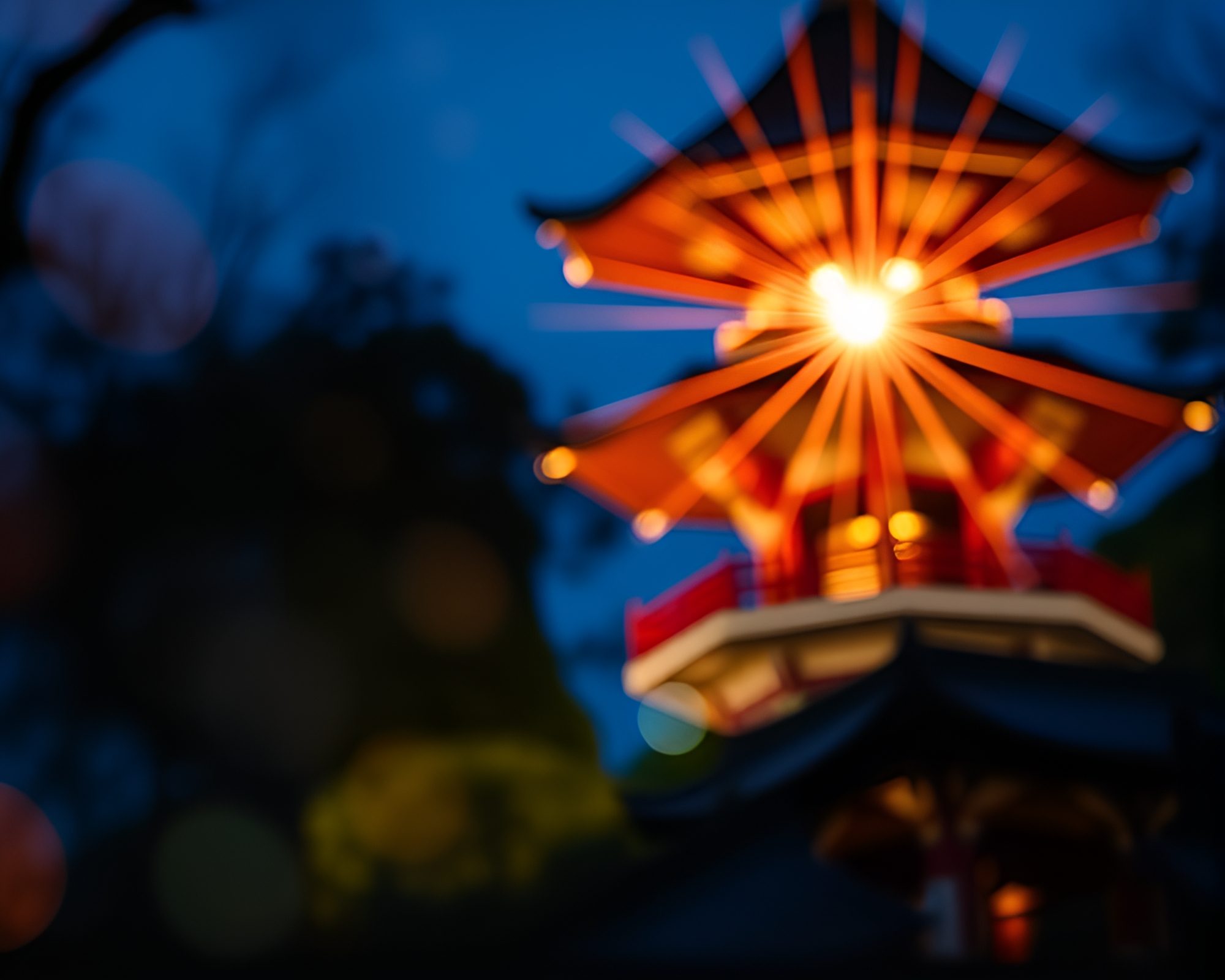 Peaceful Pagoda Scene with Bokeh Foreground and Lens Flare Bursts – free AI stock image