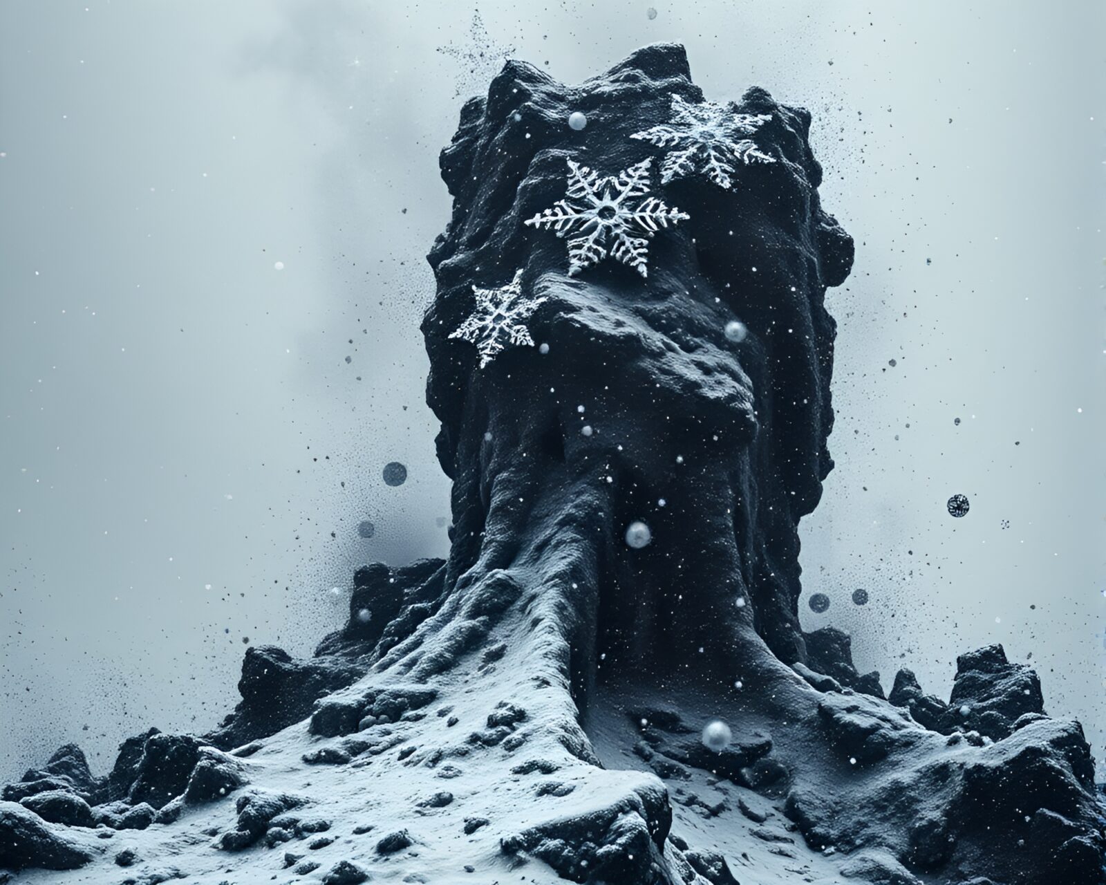 Snowflakes twist in dark sky over volcanic landscape.