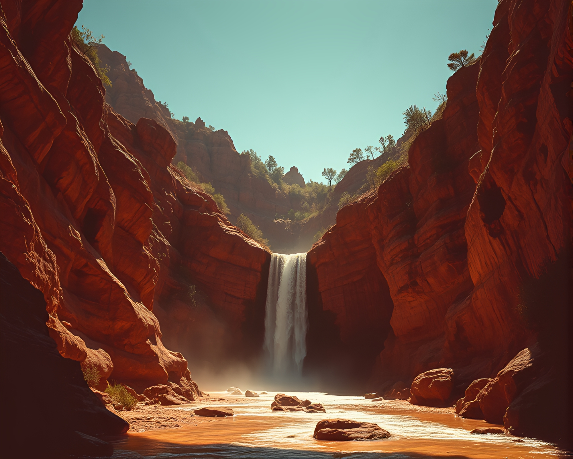 Ethereal Waterfall Silhouette in Utopian Canyon Glow – free AI stock image