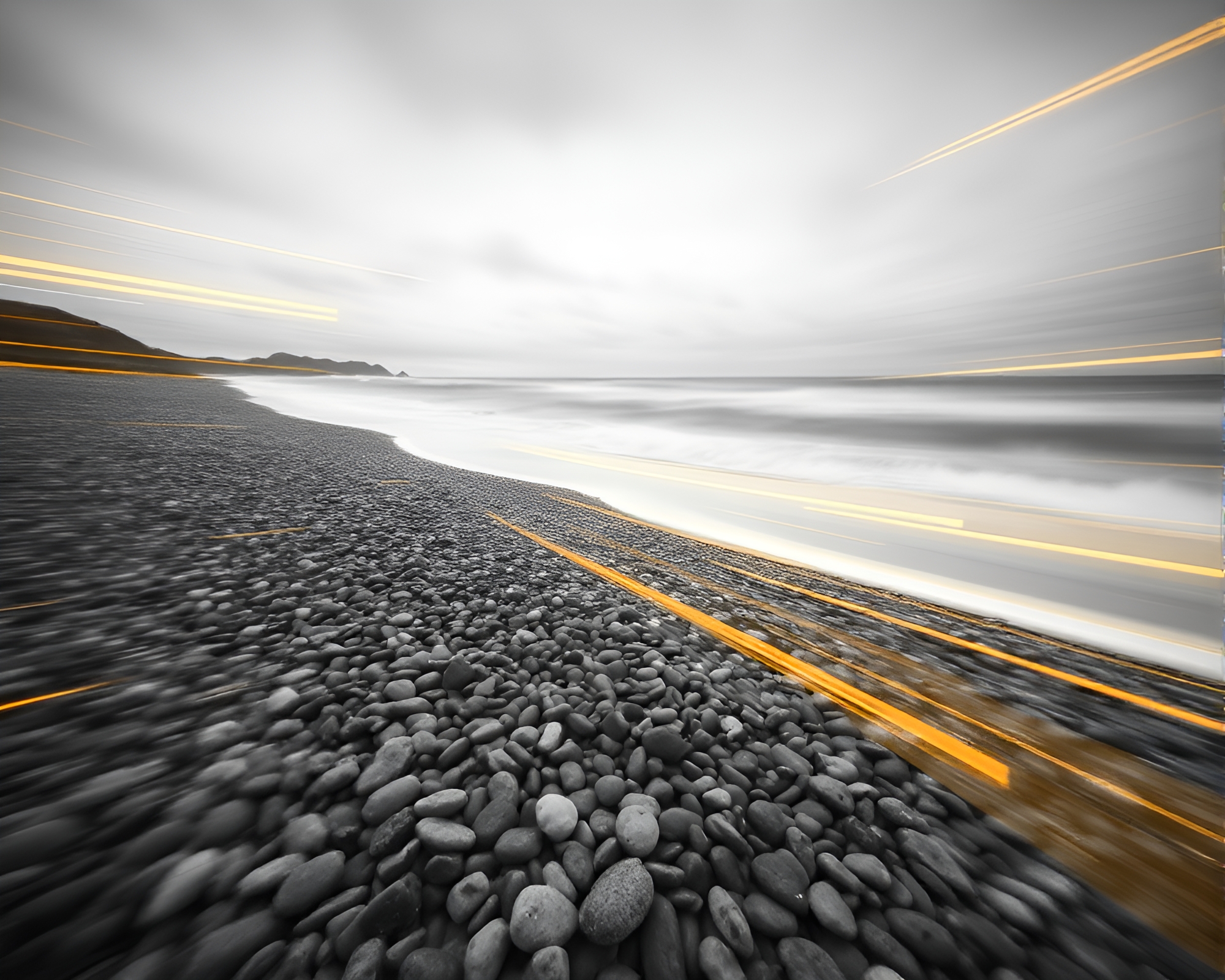 Futuristic Motion Blur on Yellow Pebble Beach – free AI stock image