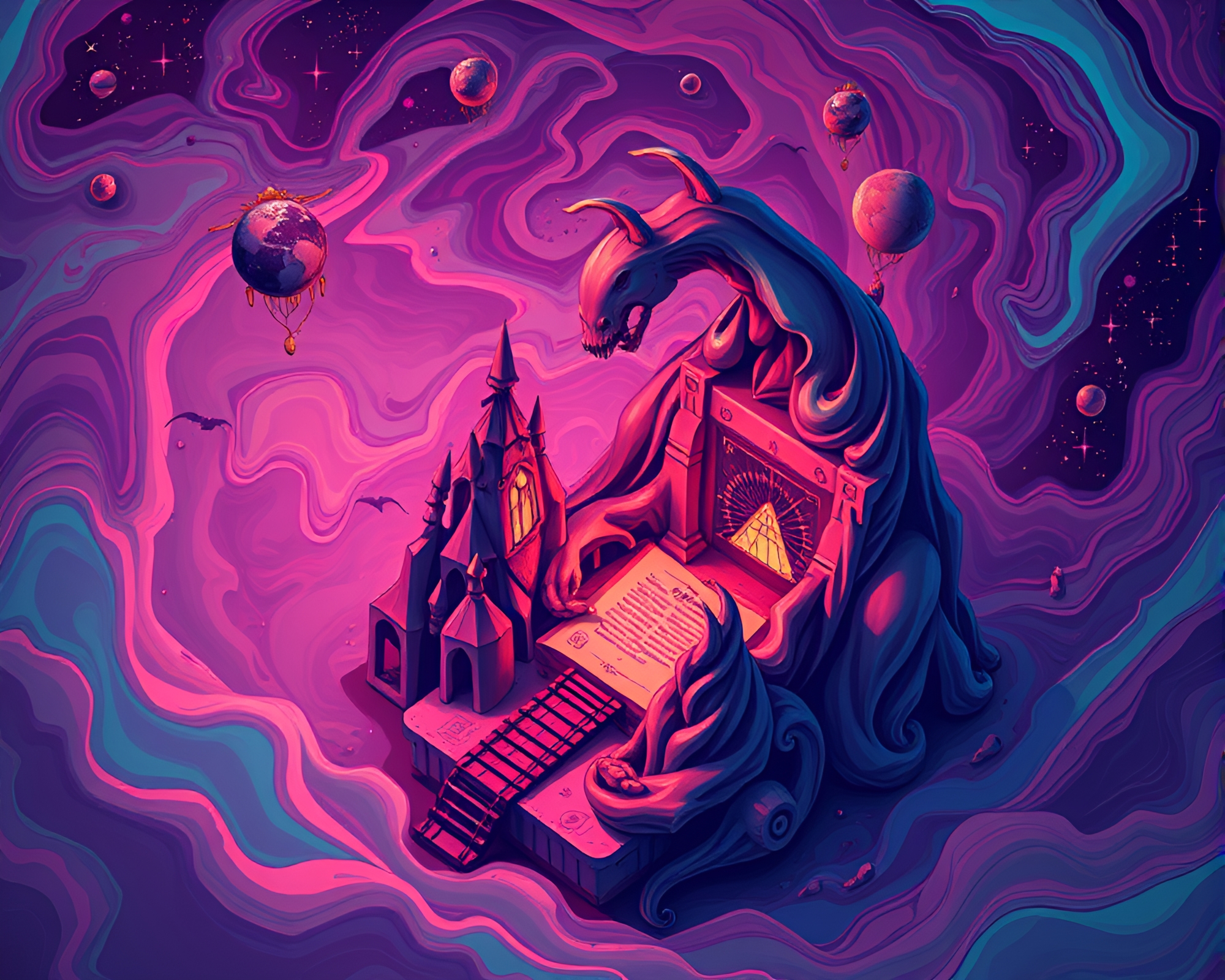 Psychedelic Necromantic Isometric Swirl Illustration – free AI stock image