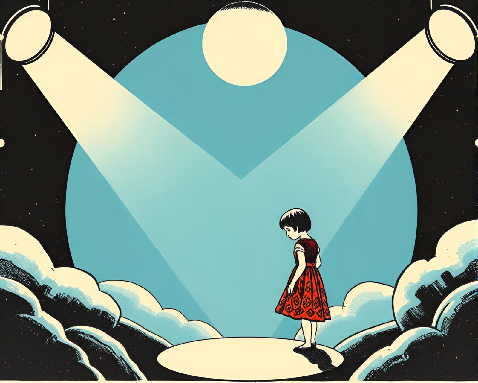 Woodblock print marks frame a futuristic porcelain doll under spotlight