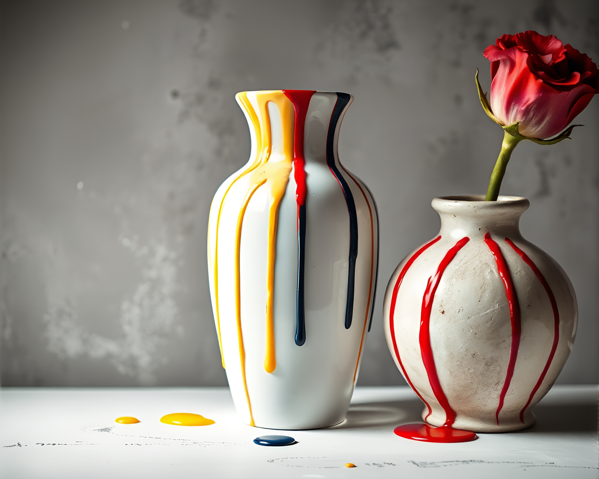 Vase surrounded by vibrant paint drips under HDR lighting – free AI stock image