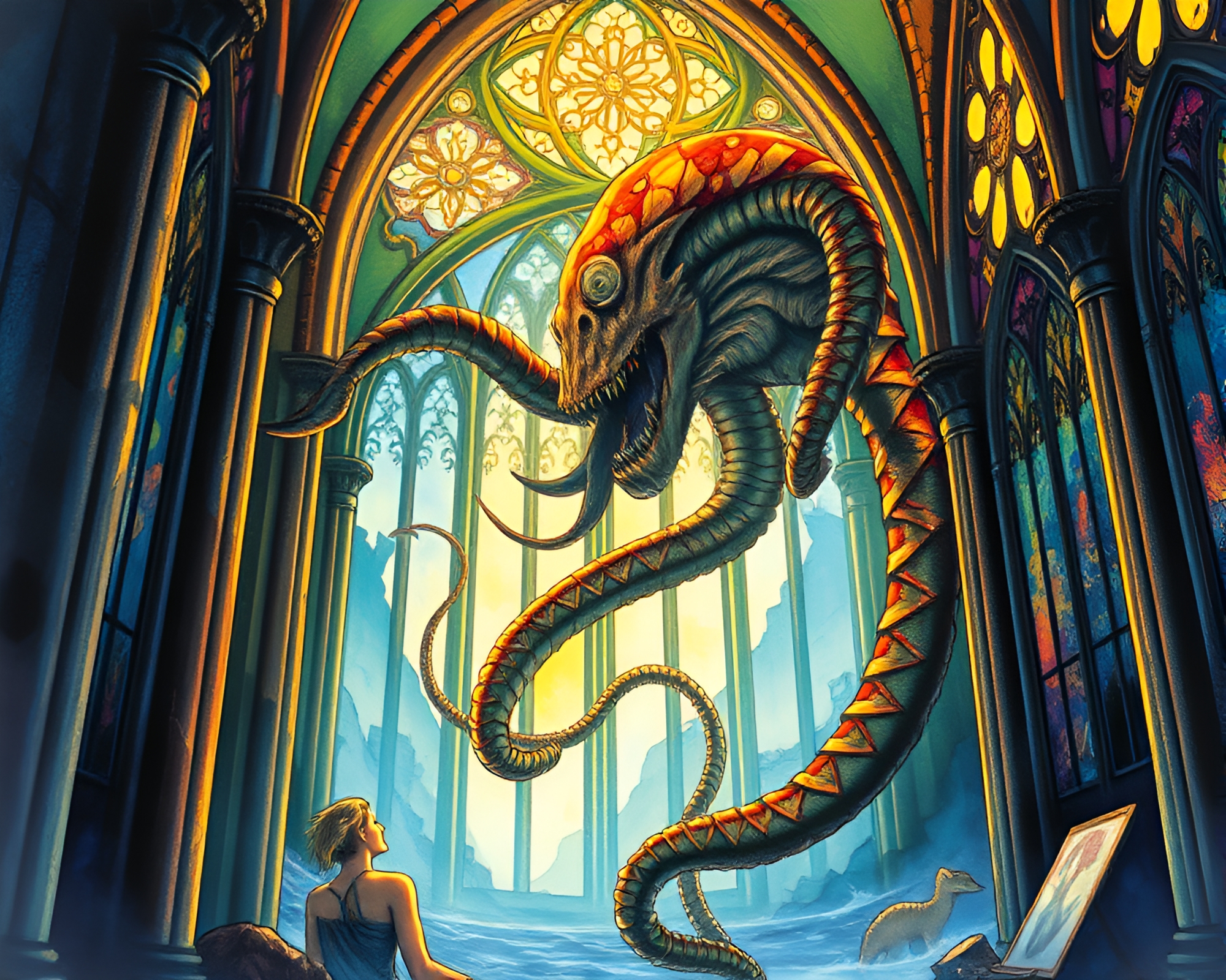 Ethereal Kraken in Gilded Cathedral Stained Light – free AI stock image