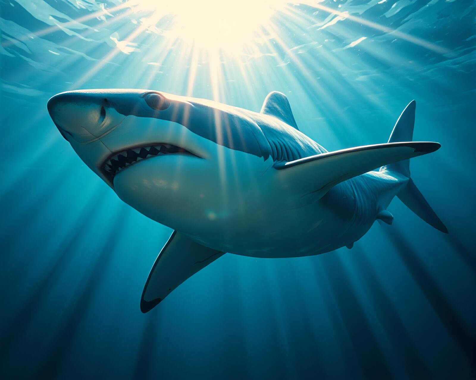 An impasto-style painting of a shark reflecting in water