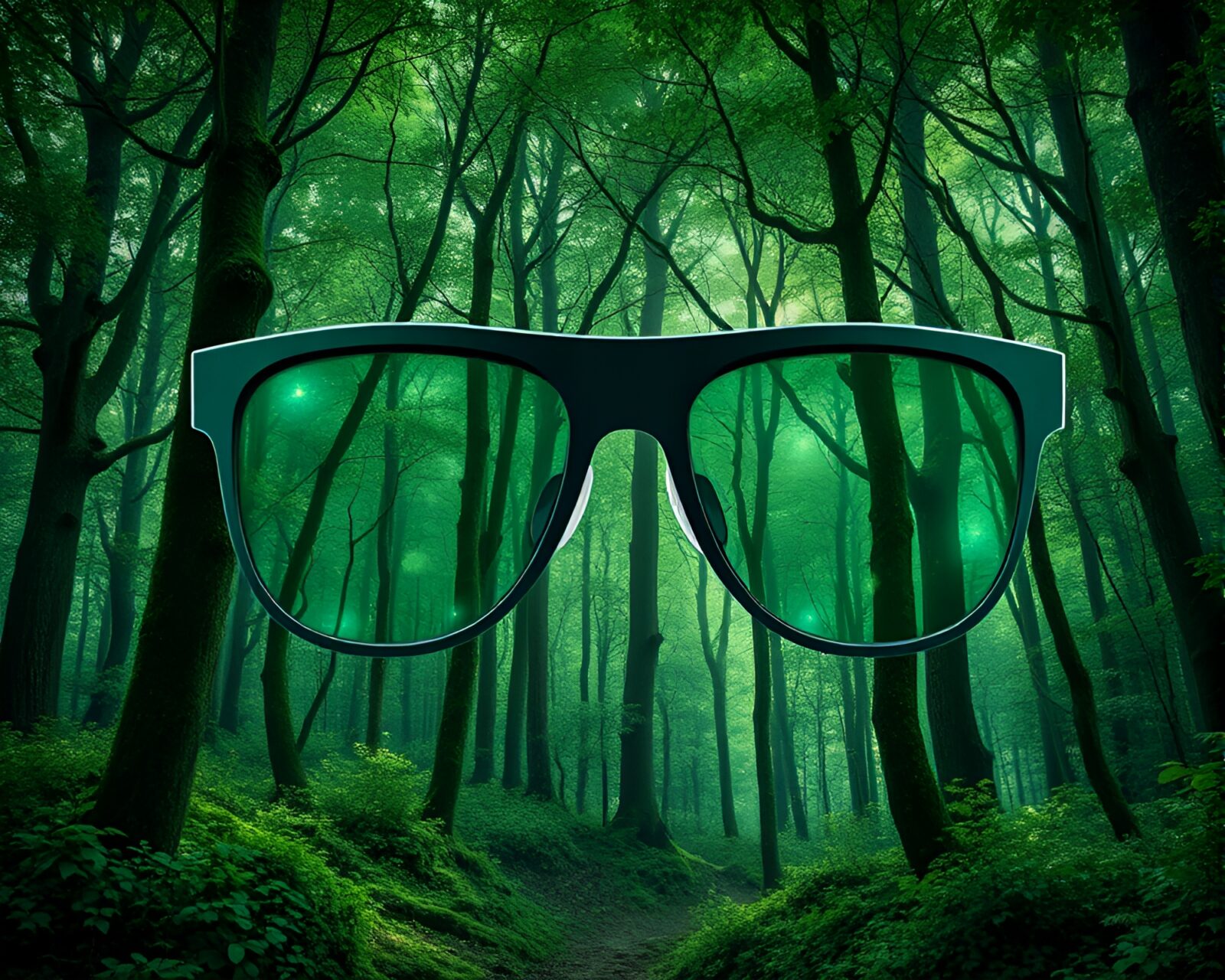 Grisaille illustration of AR glasses in enchanted forest