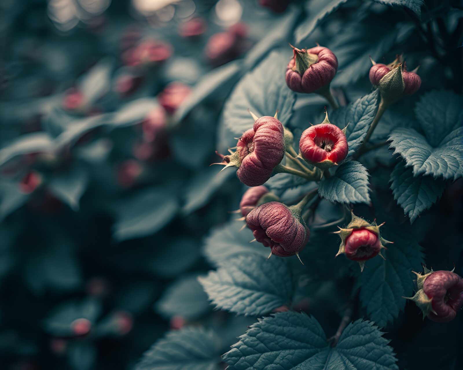 Intense, detailed view of raspberry bush in sepia tones