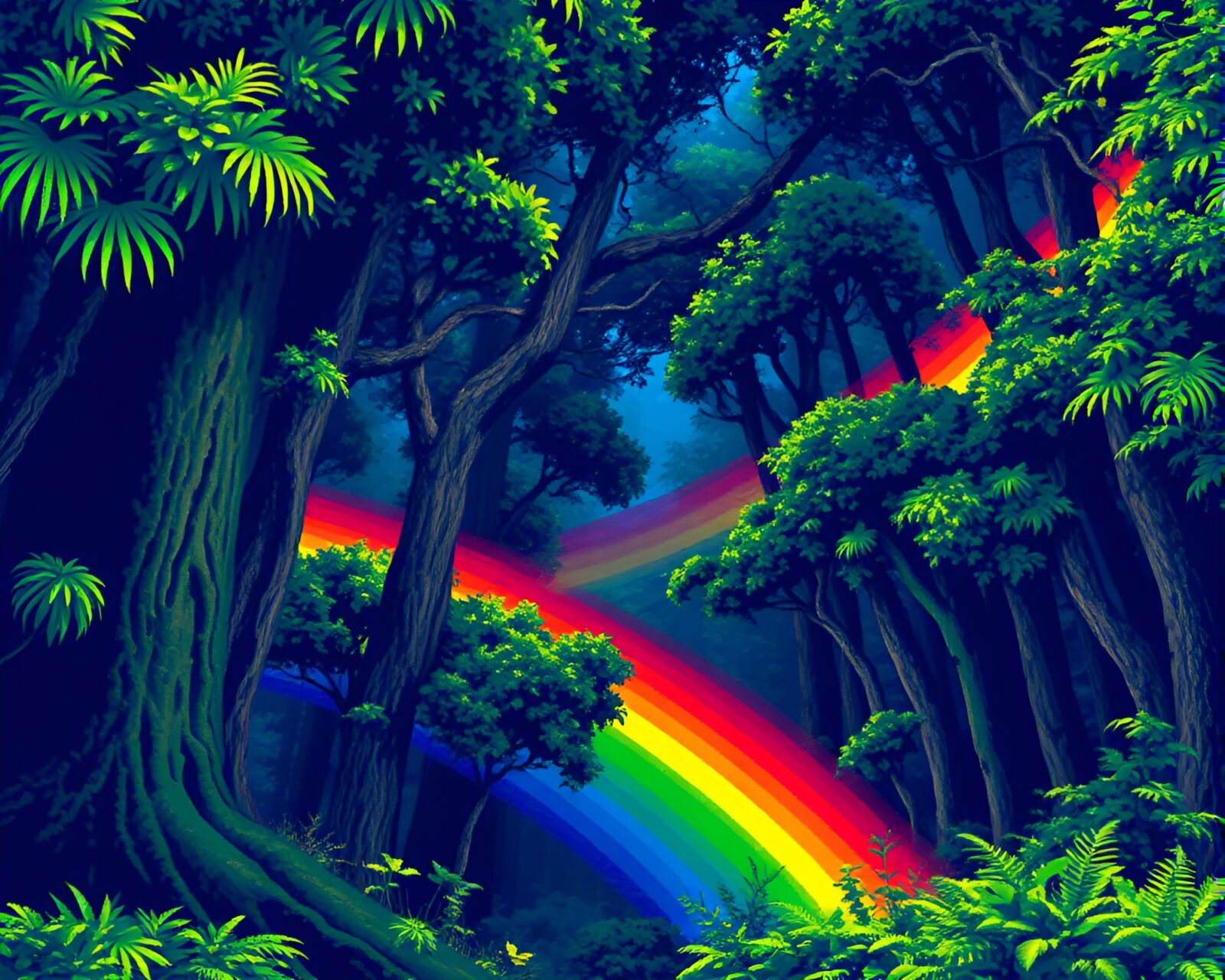 Colorful oil slick rainbow above dark jungle canopy