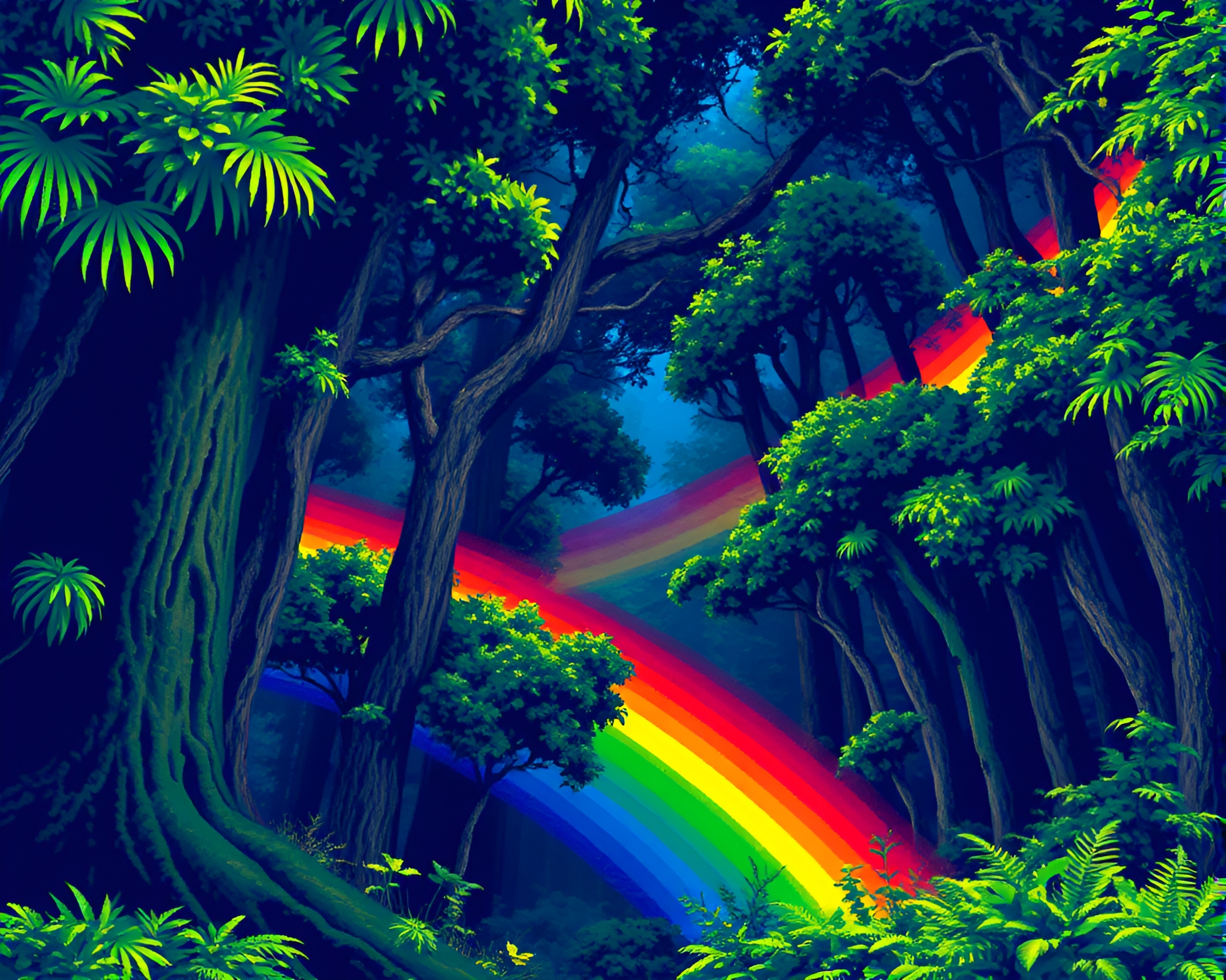 Oil Slick Rainbow in Indigo Mystery Rainforest Canopy – free AI stock image