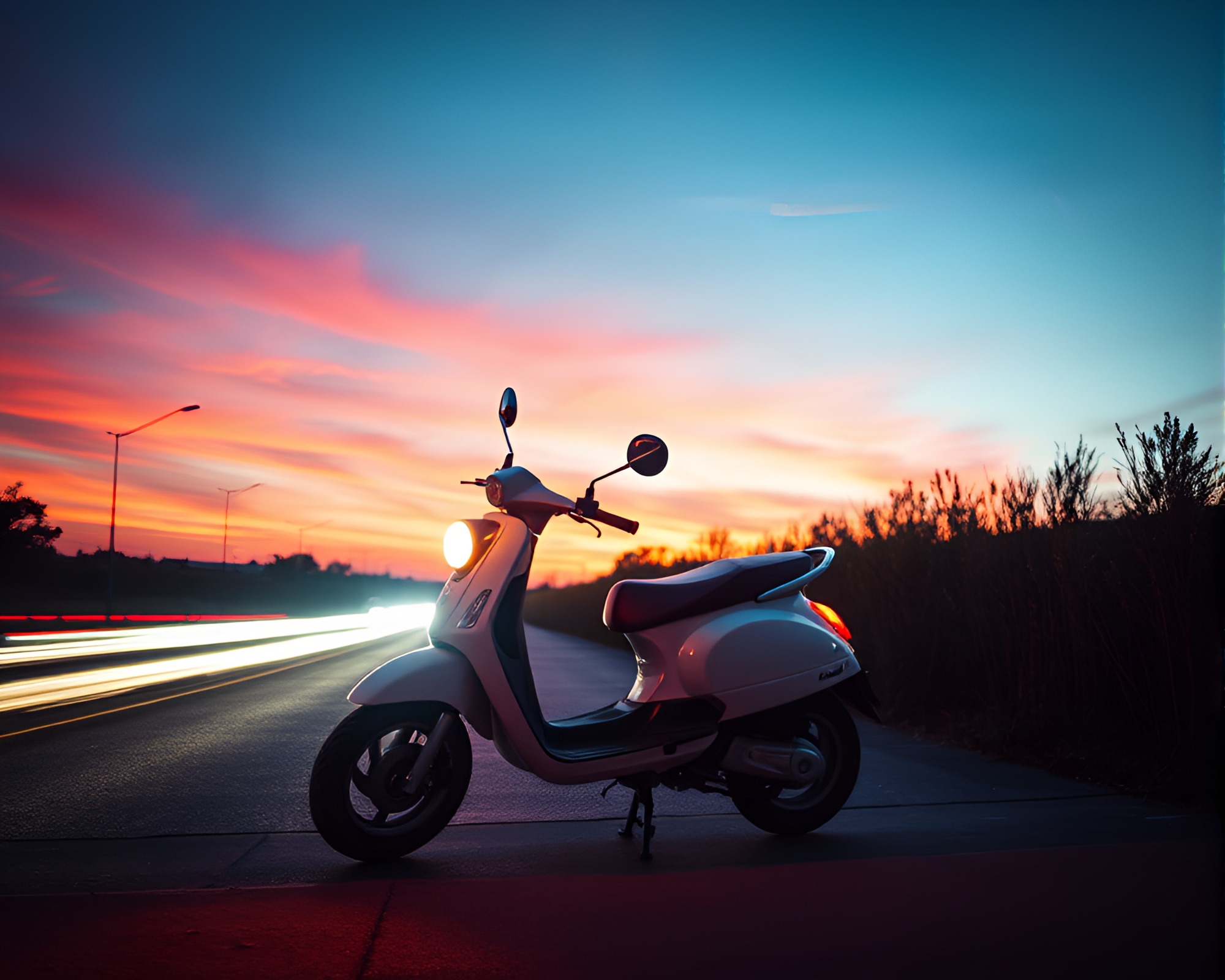 Sunset Grunge Scene: Electric Scooter Light Trails – free AI stock image