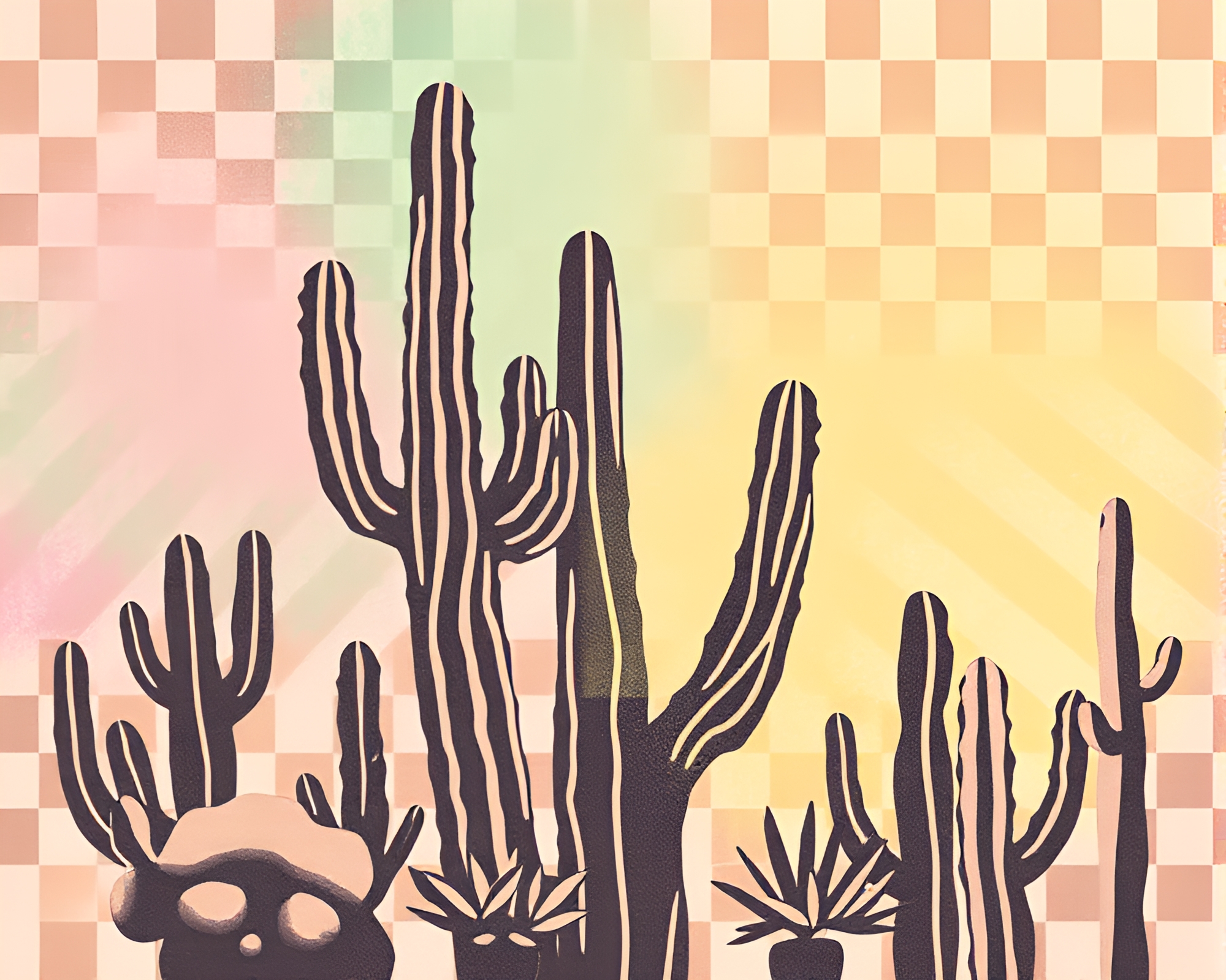 Desert Cactus Oasis with Checkered Stencil Art – free AI stock image