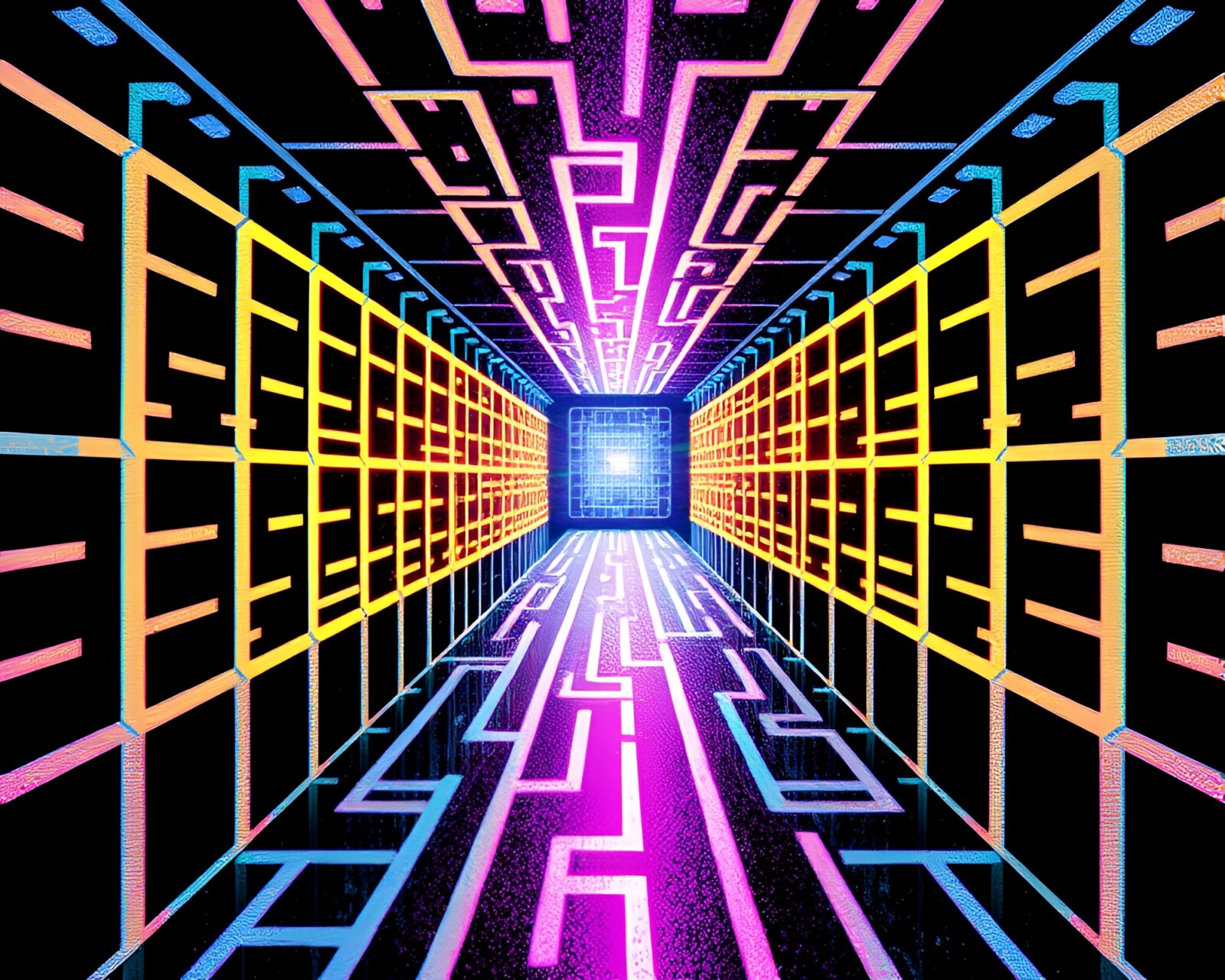 Abstract art of mirror maze in colorful spotlight