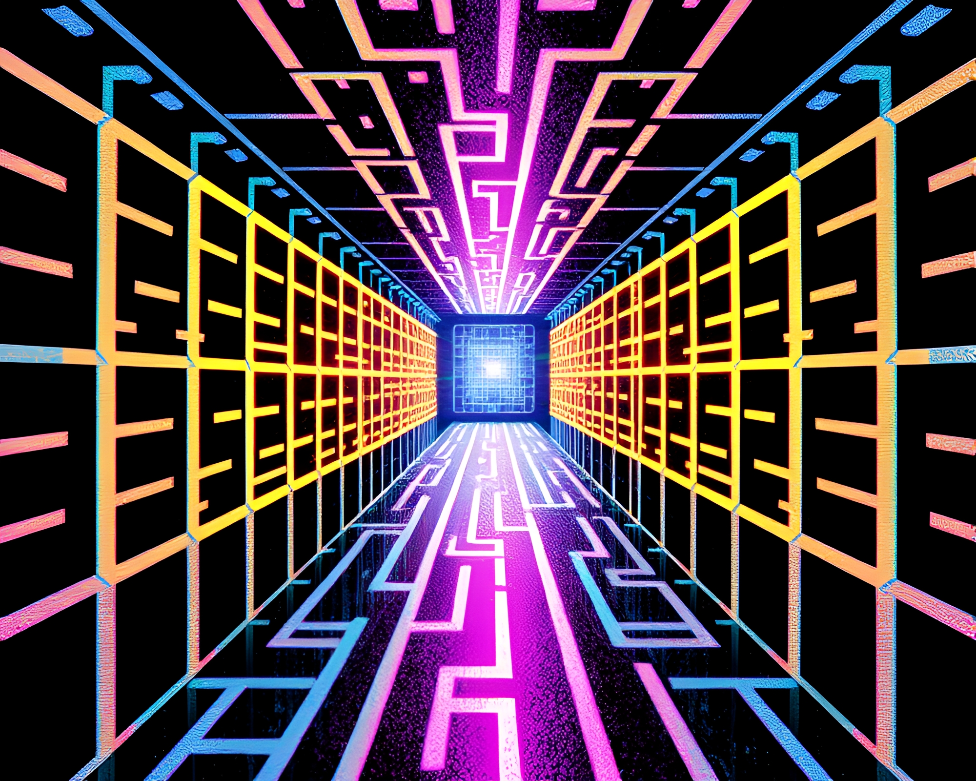 Neural Halftone Mirror Maze in Spotlight Focus – free AI stock image