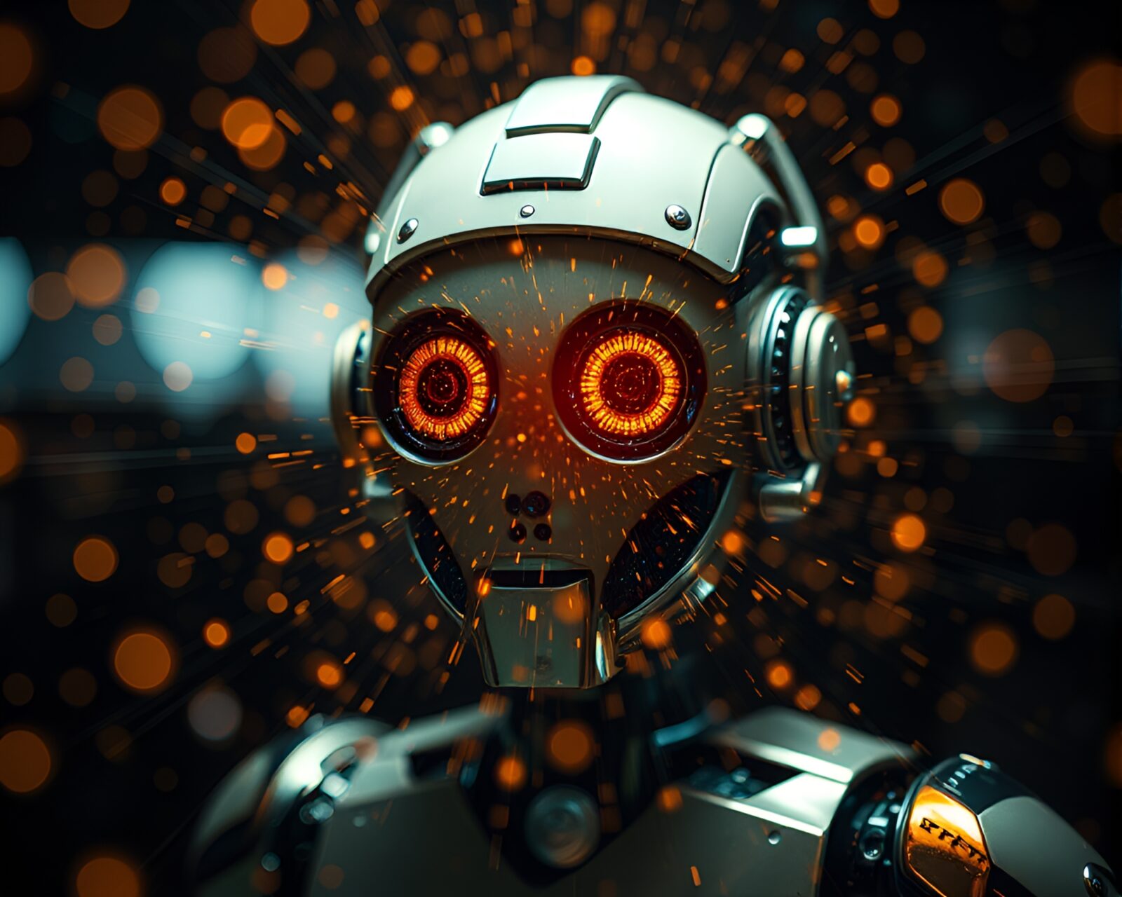 Steampunk robot in hazy, dust-filled light with lens distortion