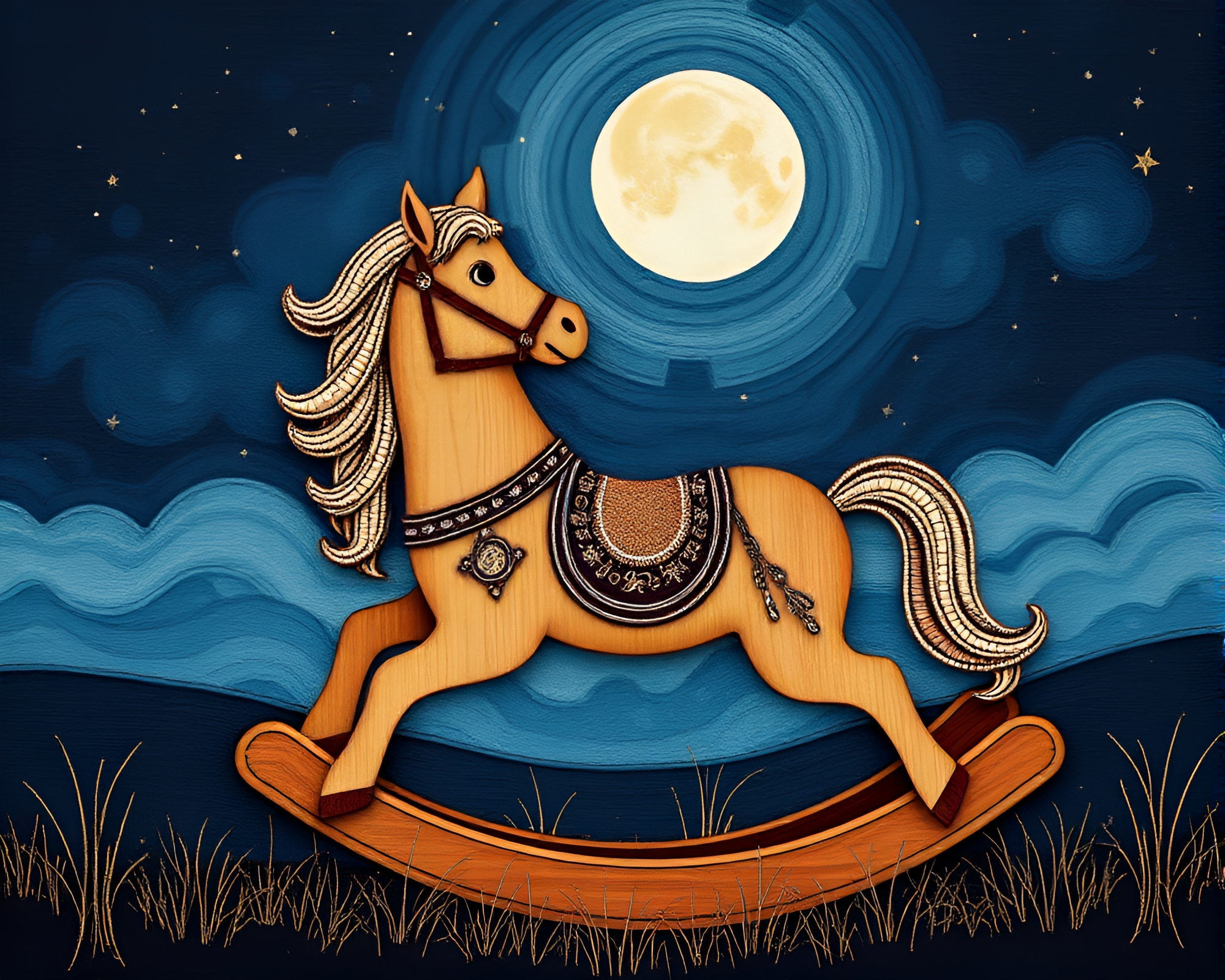 Moonlit Wooden Rocking Horse Embroidered Detail Sgraffito Art – free AI stock image