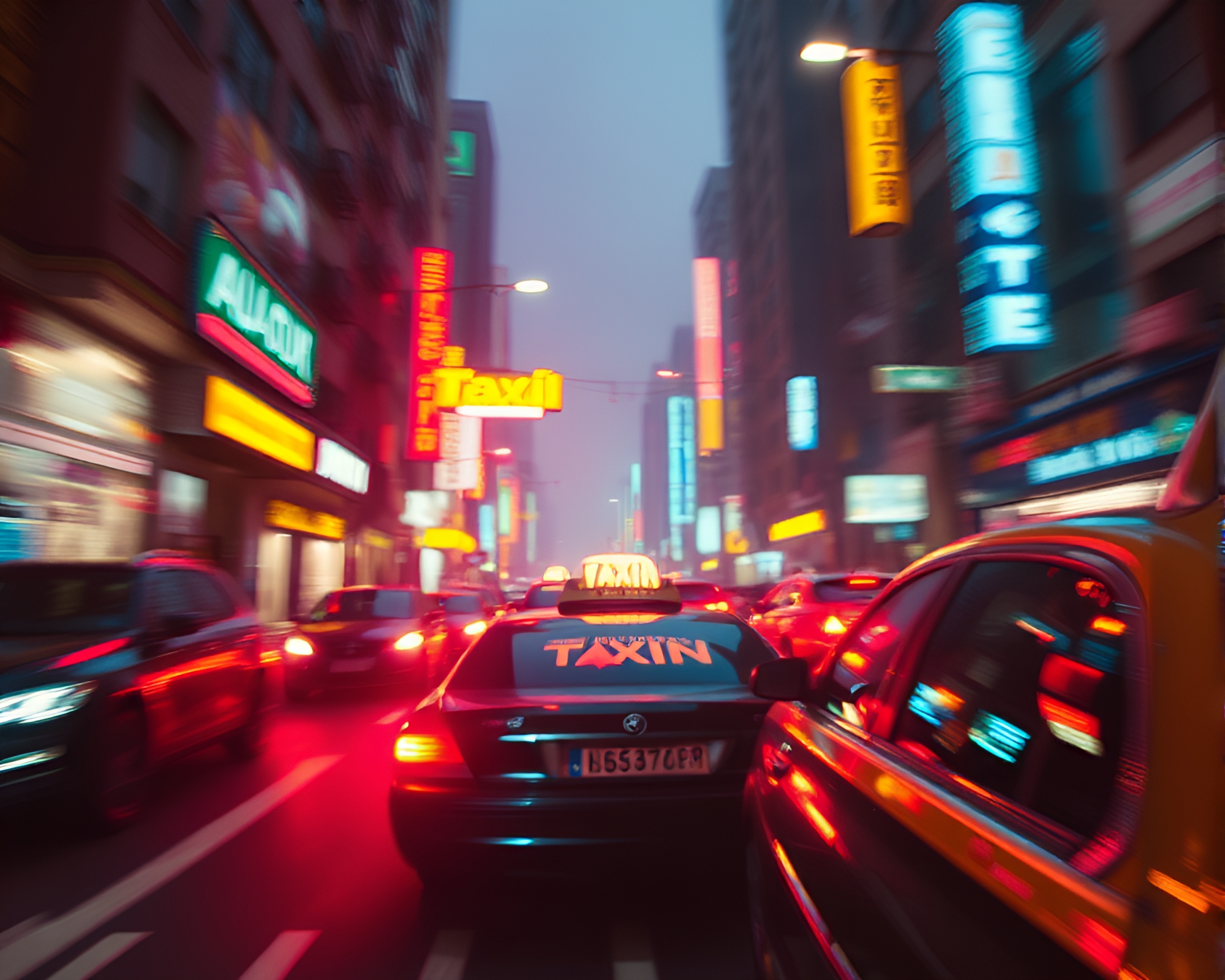 Cyberpunk Alley Taxi Blur Streak Matte Painting – free AI stock image