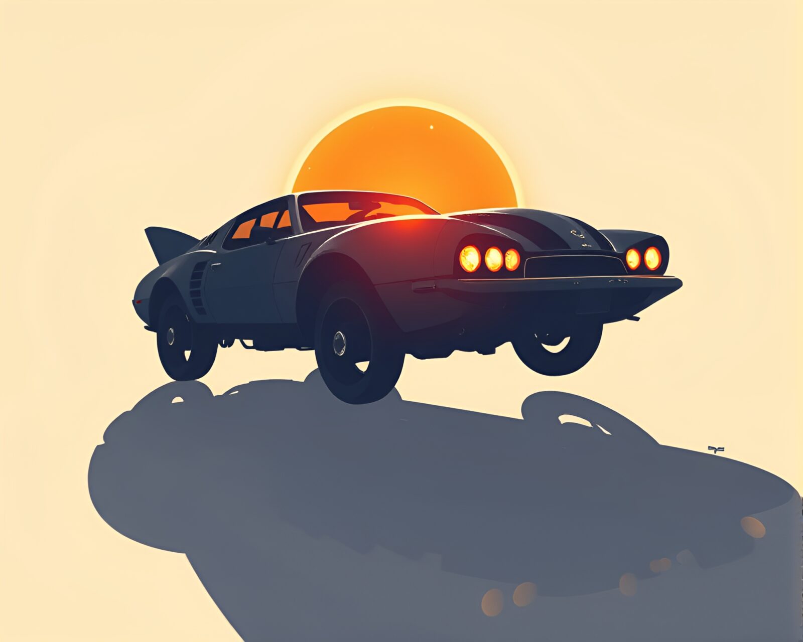 Vintage-inspired floating vehicle in a shadowy eclipse scene