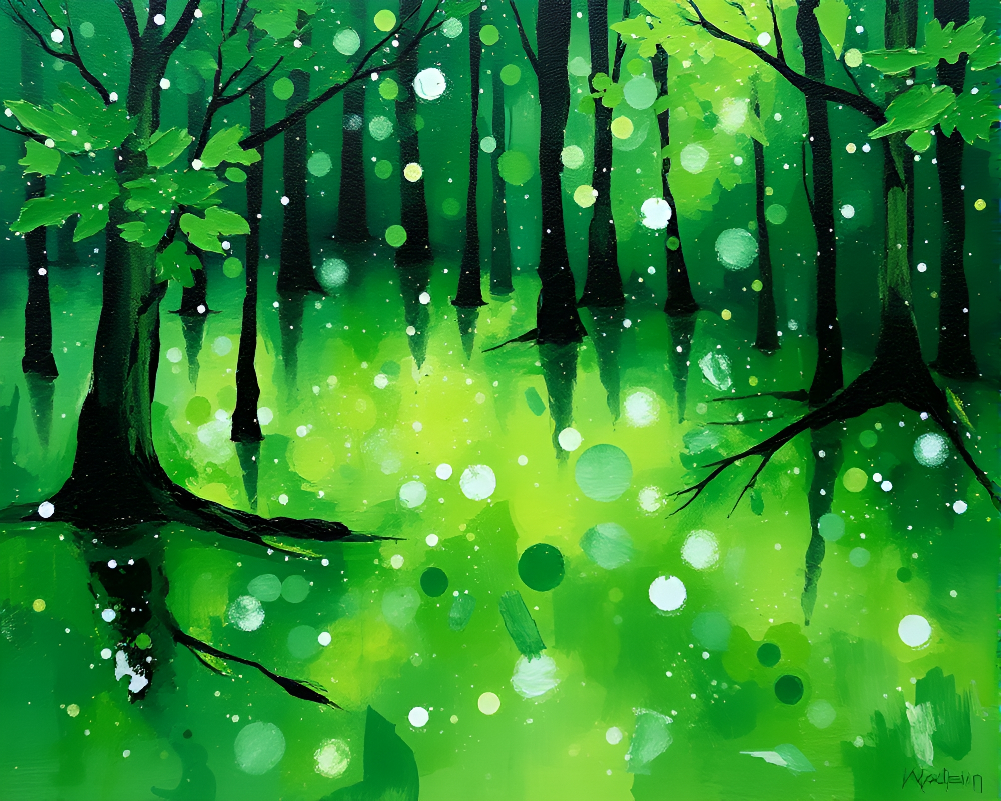 Enchanted Forest Green Floating Crystal Acrylic Spatters Painting – free AI stock image
