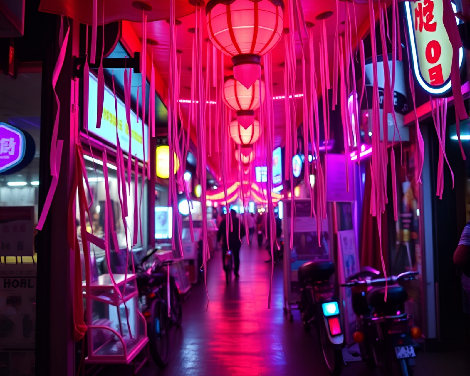 Vibrant neon-lit rickshaw weaving through paper tear streets