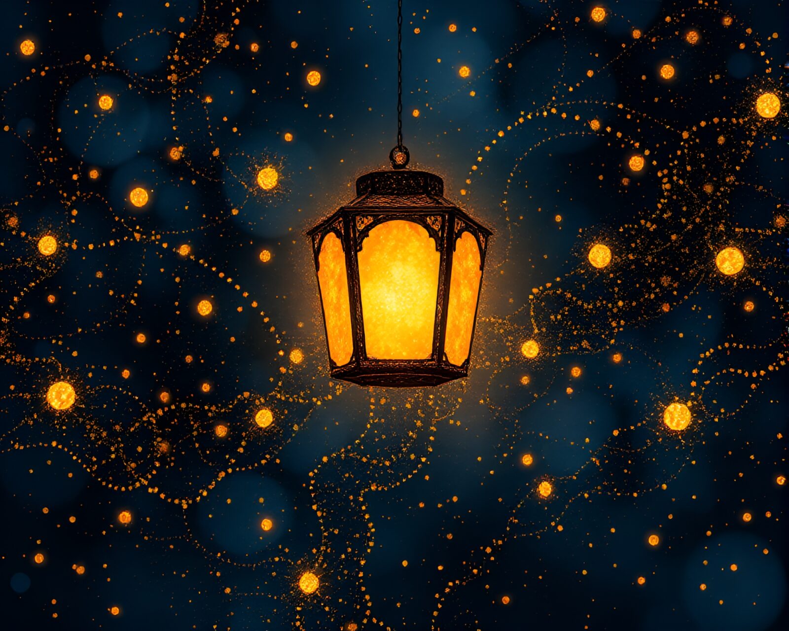 A mysterious oil lantern glowing in the darkness adorned with gold accents