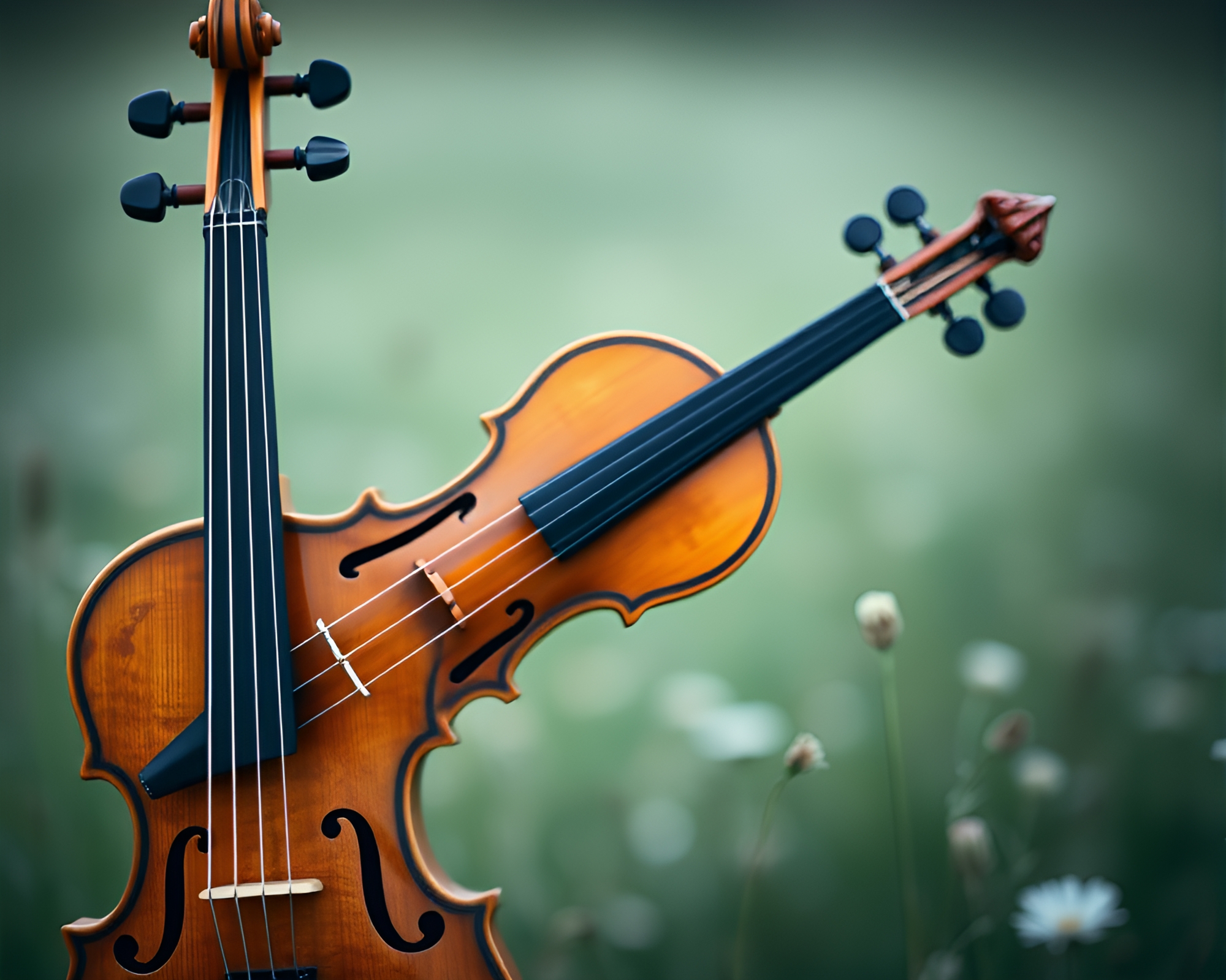 Violinist in Tranquil Turquoise Setting with Shallow Focus – free AI stock image