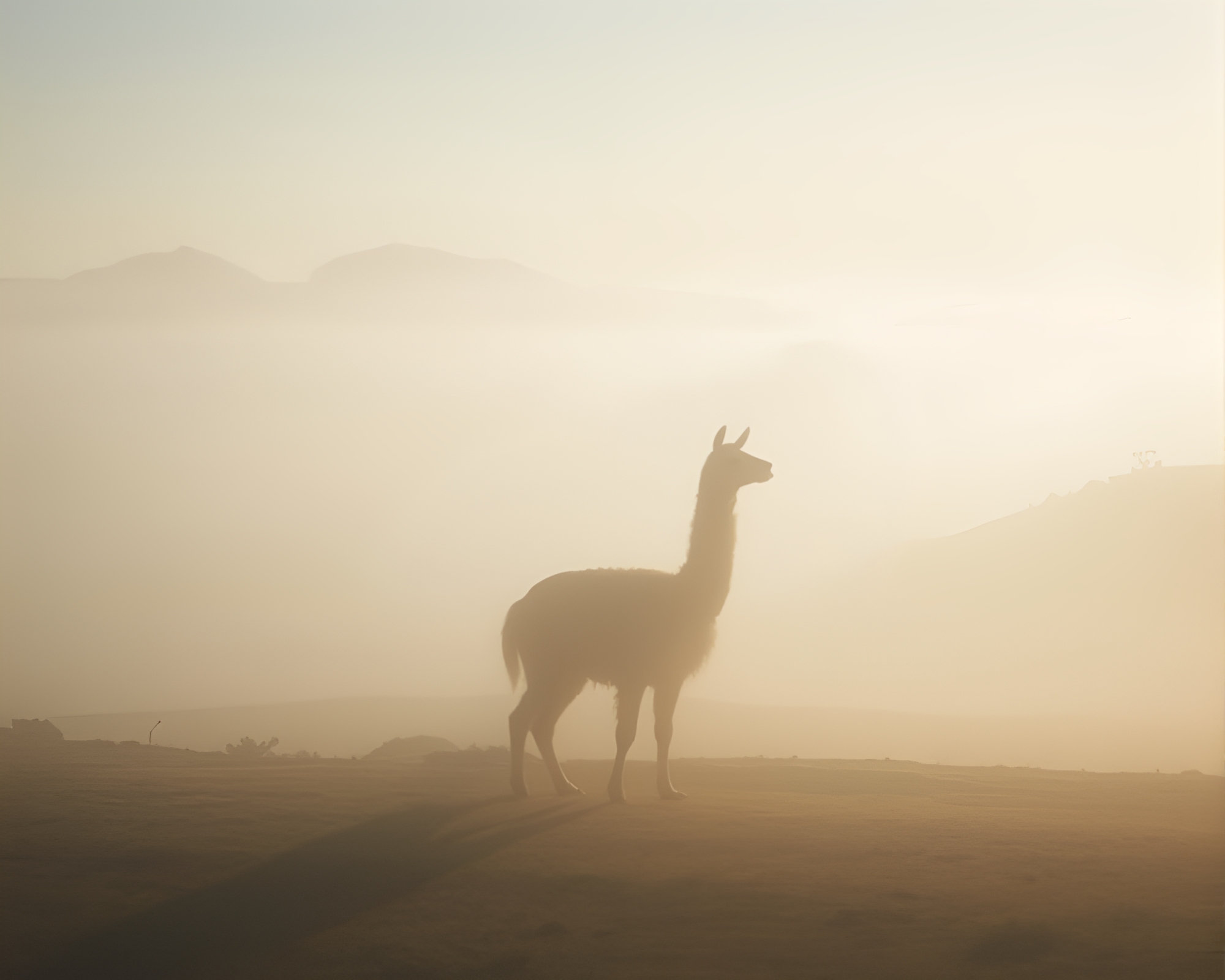 Llama Double Exposure in Ethereal Fog Bank Landscape – free AI stock image