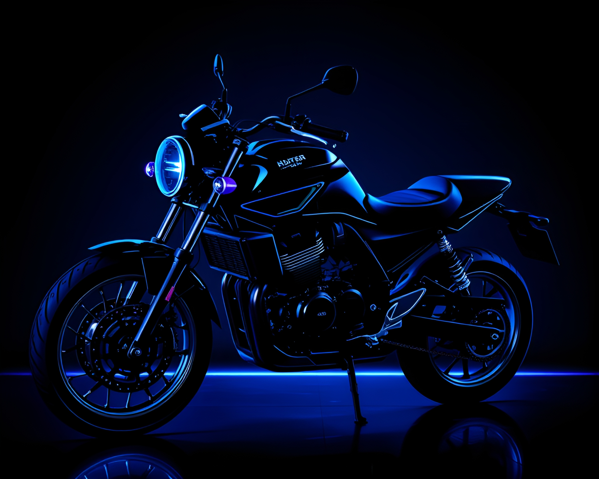 Neon Motorcycle in Monochrome Blue with Chromatic Aberration – free AI stock image