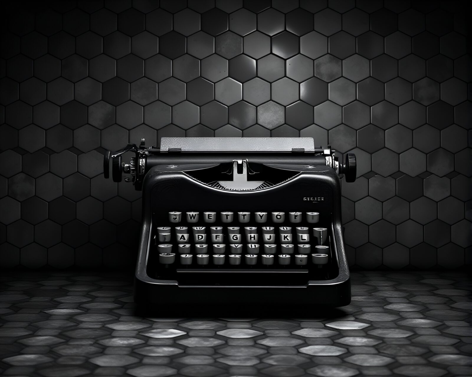Vintage typewriter within a digital-hued twilight, set in hexagonal space