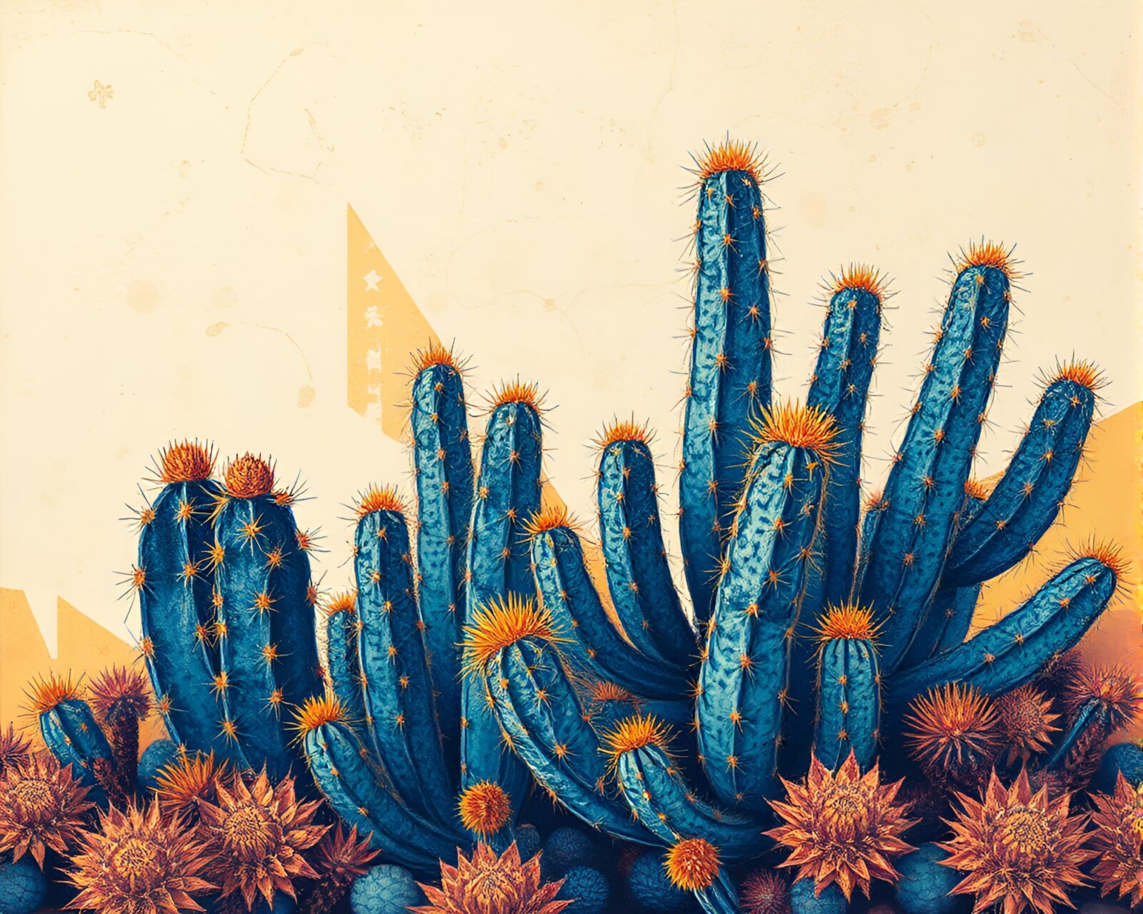 Intricate desert cactus patterns in shades of sapphire blue