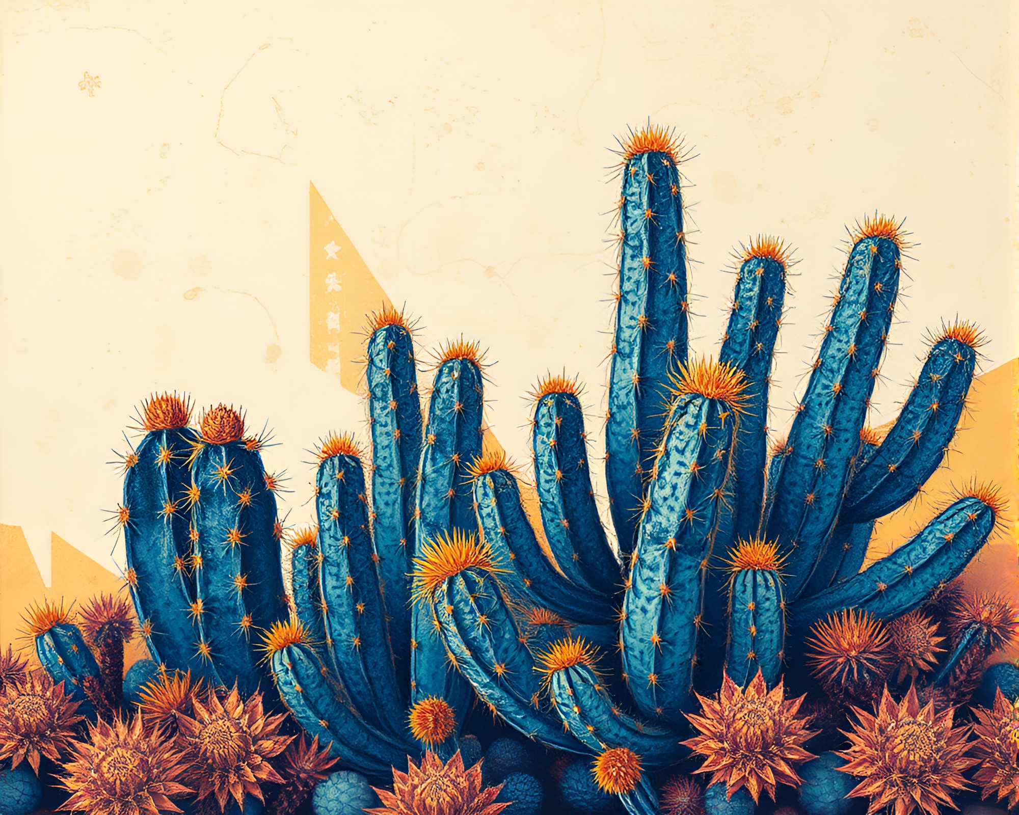 Sapphire Cactus Oasis in Mixed Media Style – free AI stock image