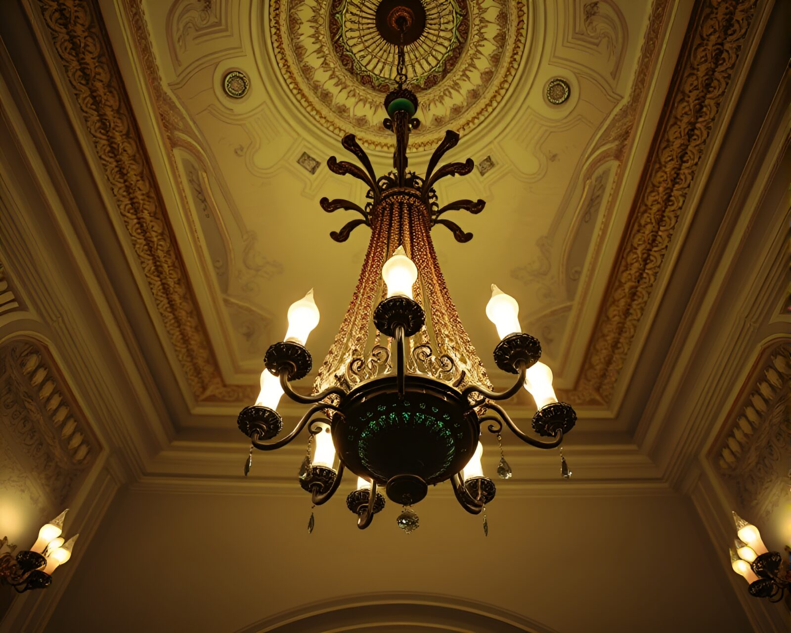 Sepia Victorian chandelier shining in emerald green hues