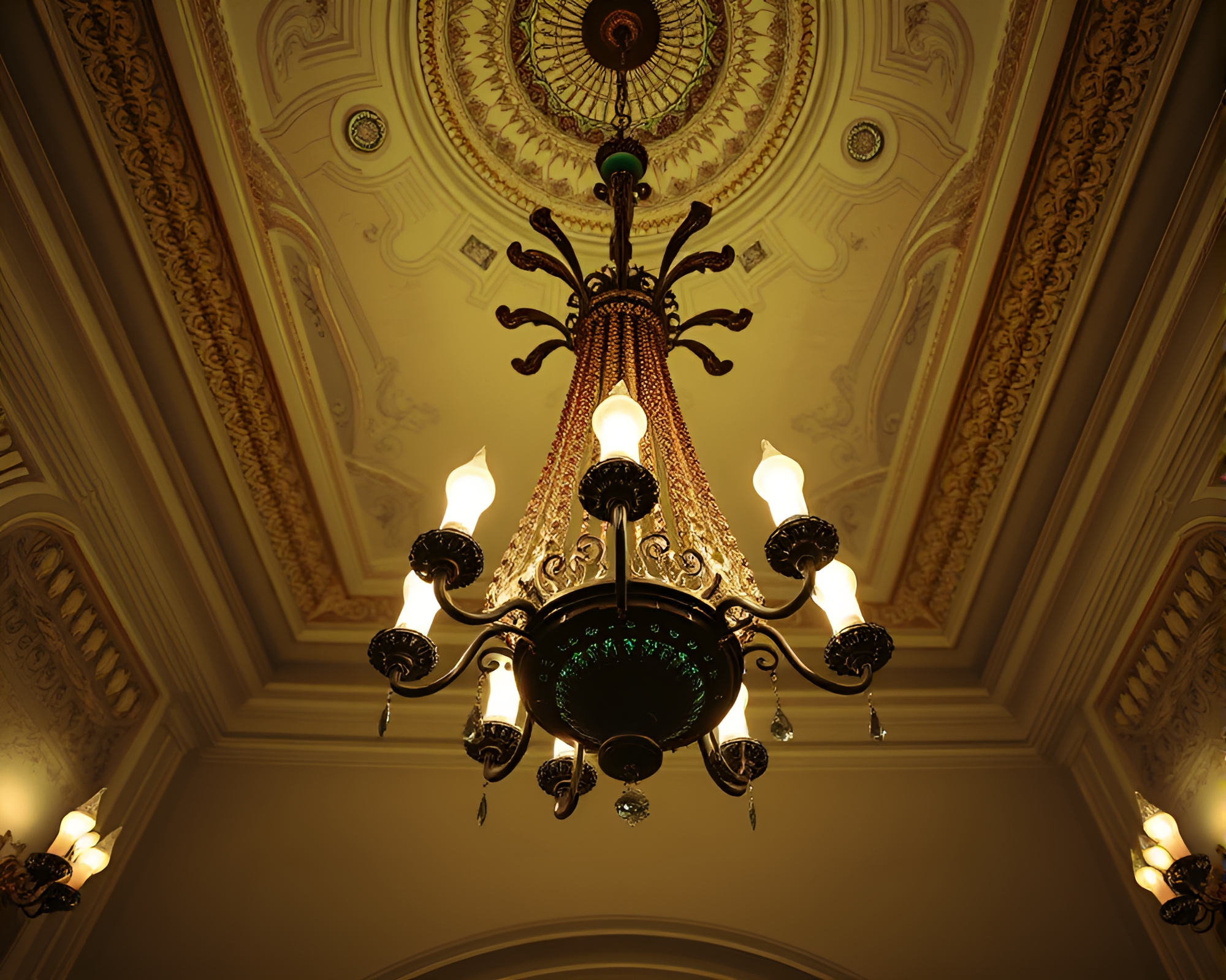 Elegant Victorian Chandelier in Sepia-Toned Emerald Atmosphere – free AI stock image