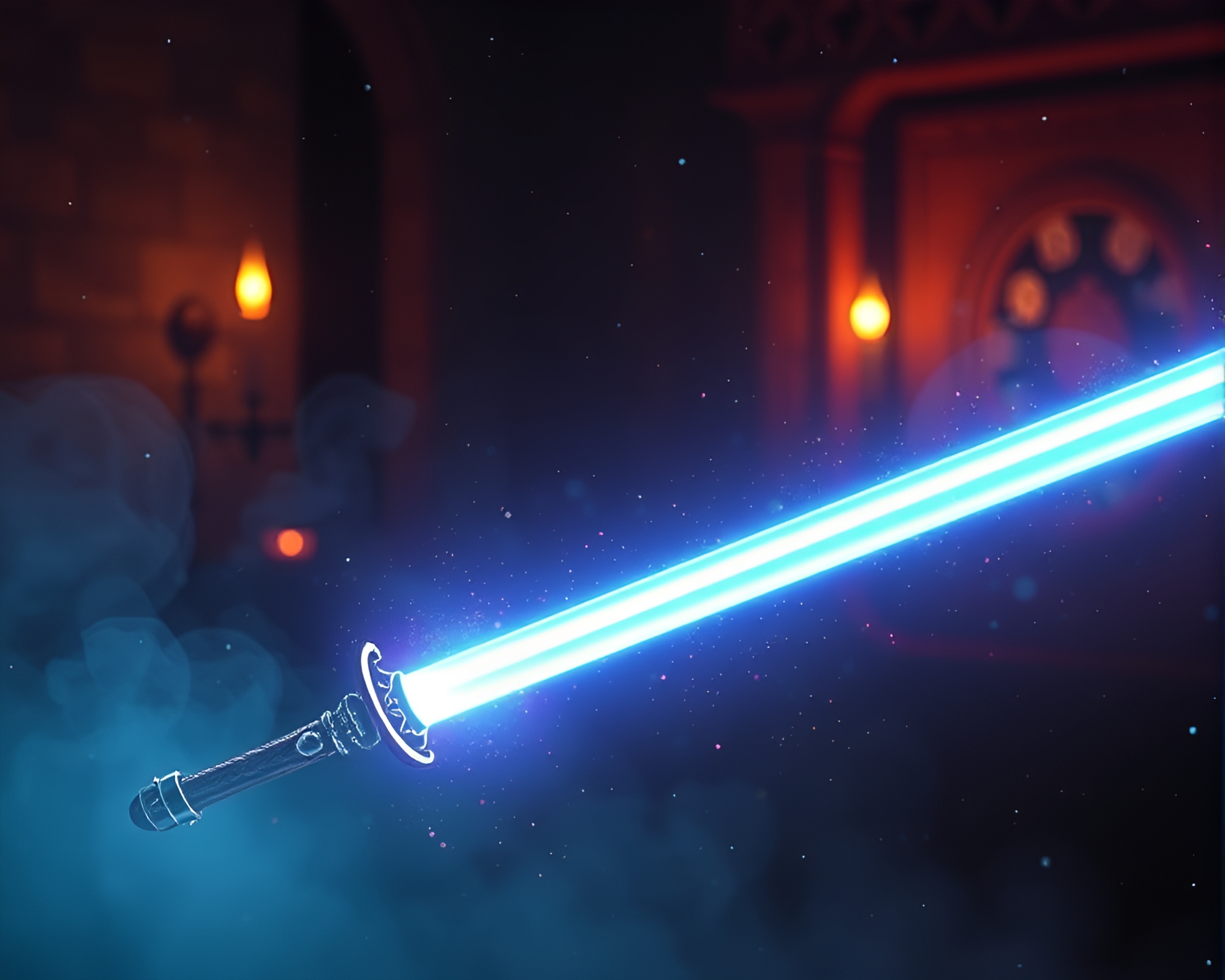 Pixels Clash: Laser Sword Battle in Dusty Candlelight – free AI stock image