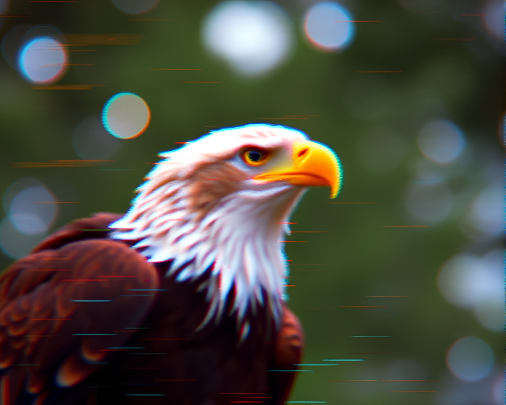 Eagle in Glitchy Bokeh Forefront with VHS Distortion – free AI stock image