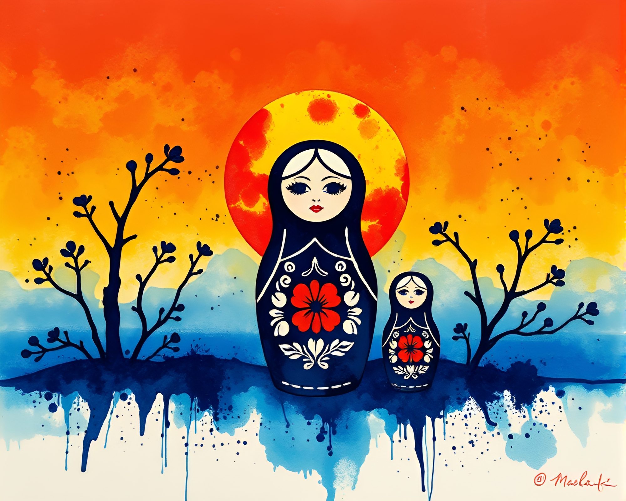 Ink Splashes Matryoshka Doll Stencil Art at Sunset – free AI stock image