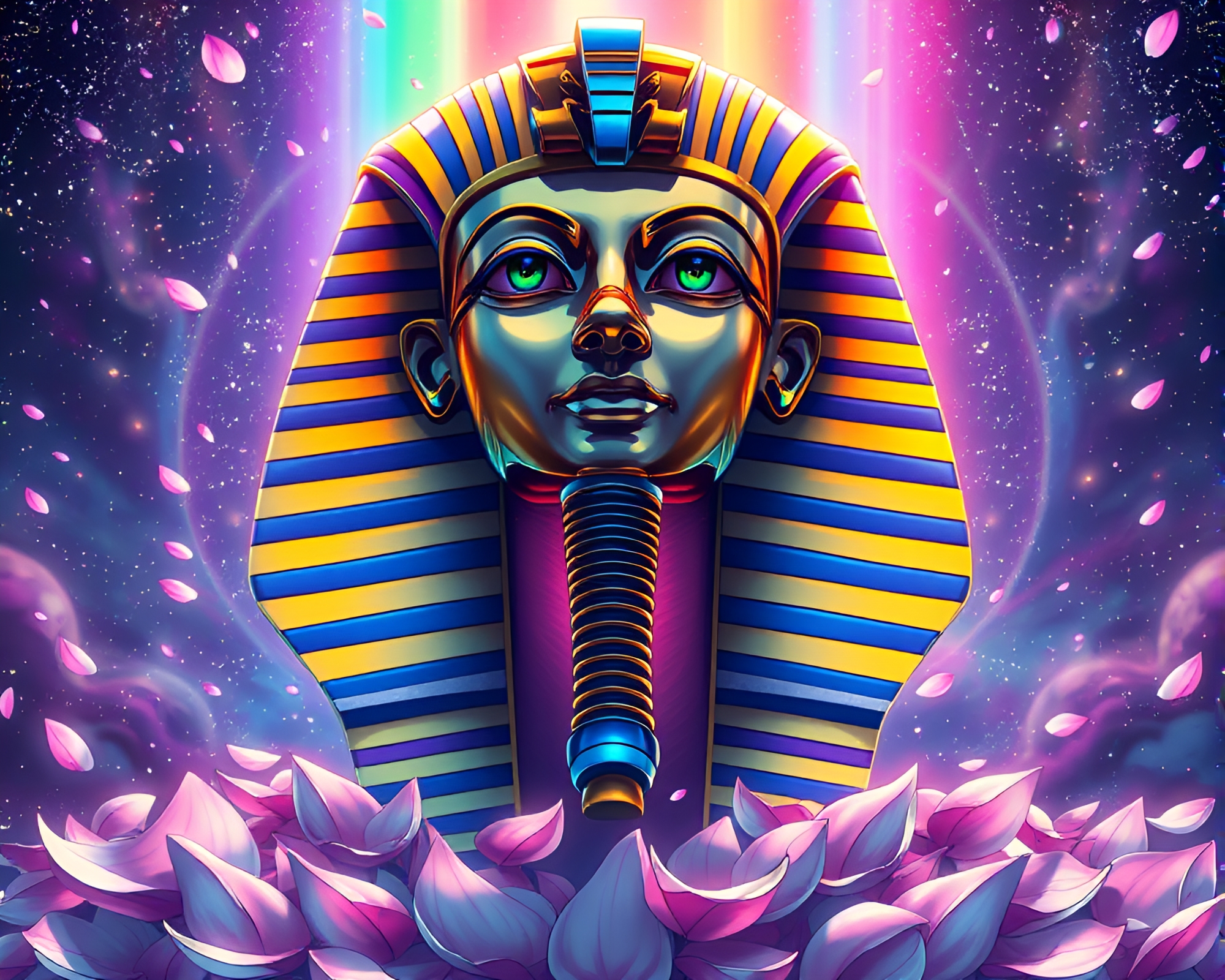Cosmic Pharaoh’s Mask with Anime Floral Petals – free AI stock image