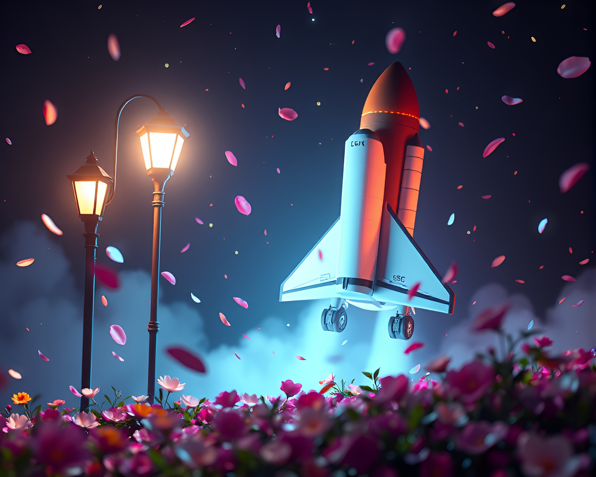Space Shuttle Floating Among Flower Petals in Streetlamp Glow – free AI stock image